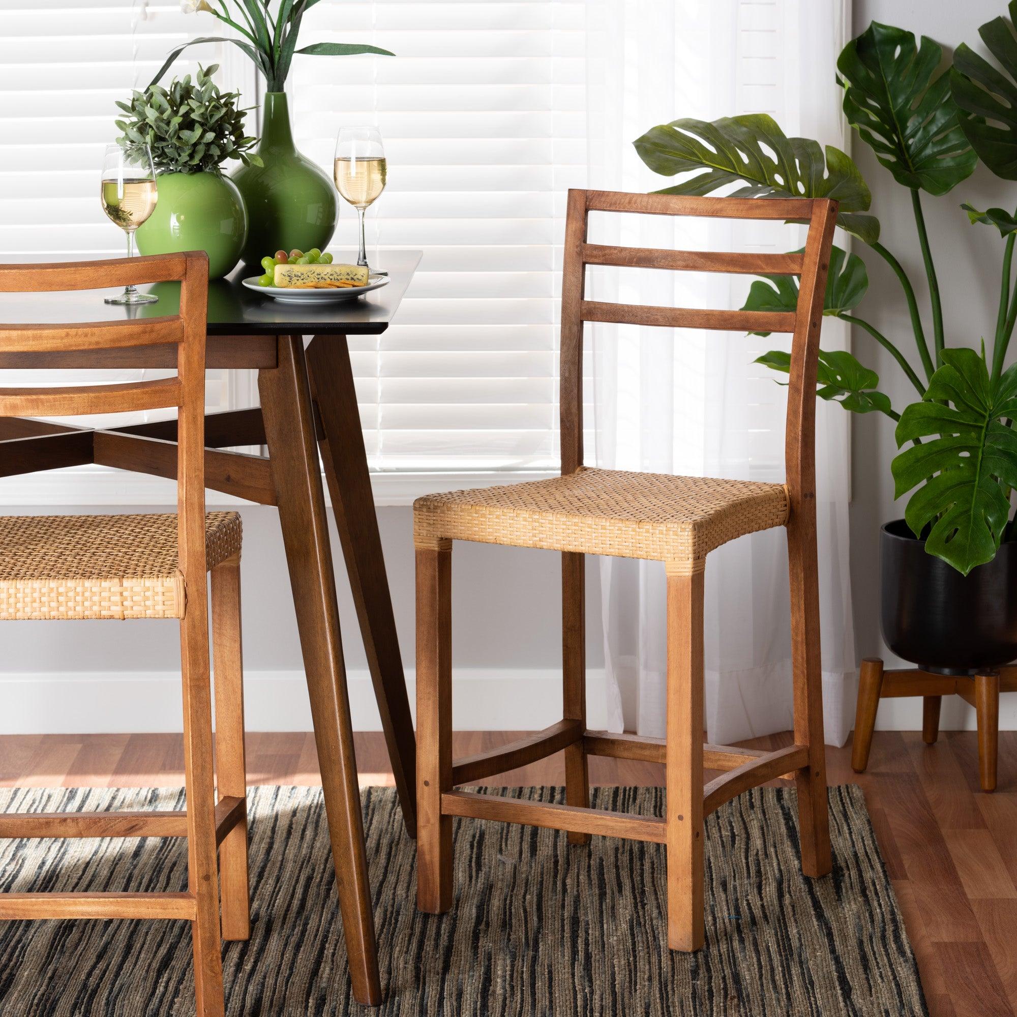 bali & pari Arthur Mid-Century Modern Mahogany Wood and Rattan Counter Stool