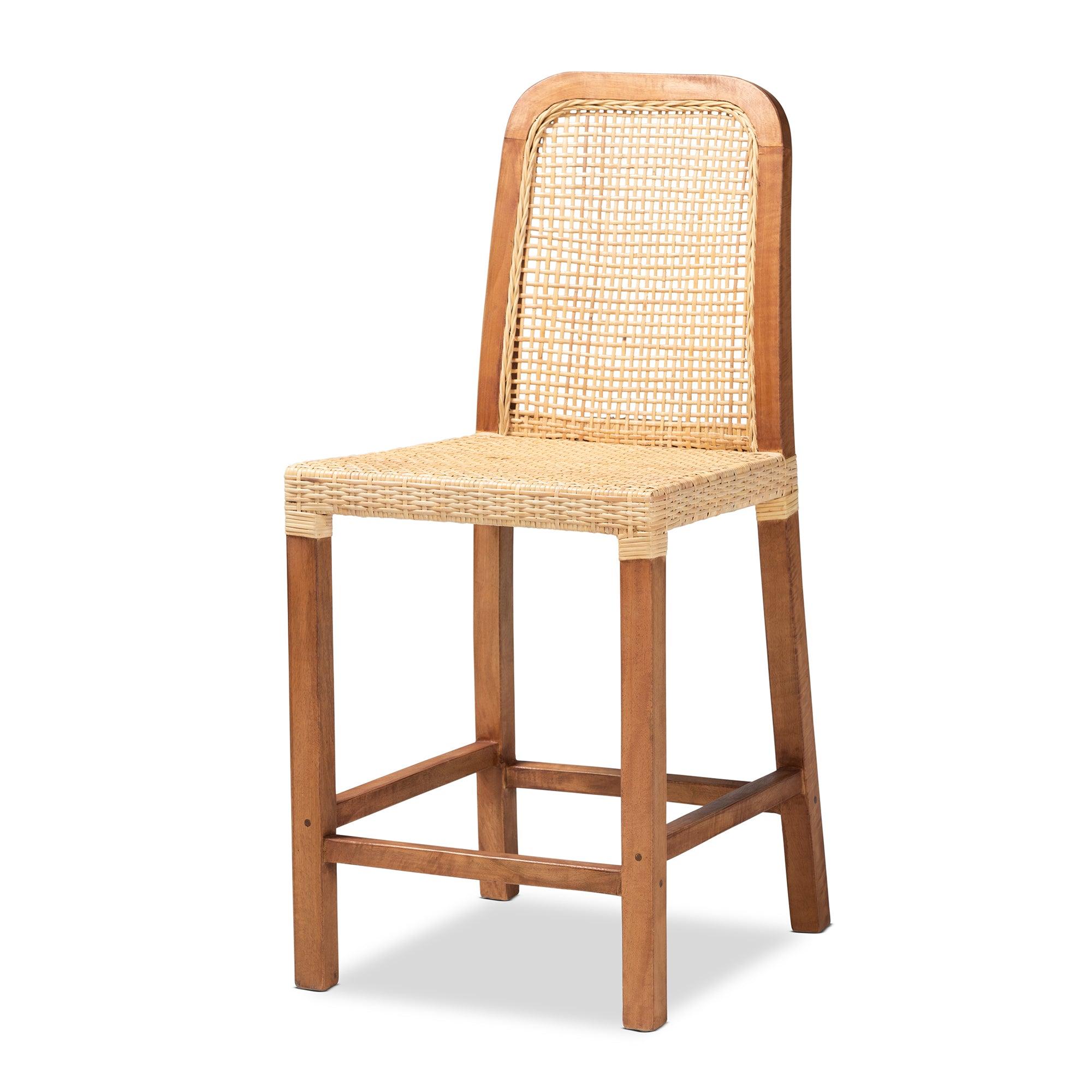 bali & pari Caspia Mid-Century Modern Mahogany Wood and Rattan Counter Stool