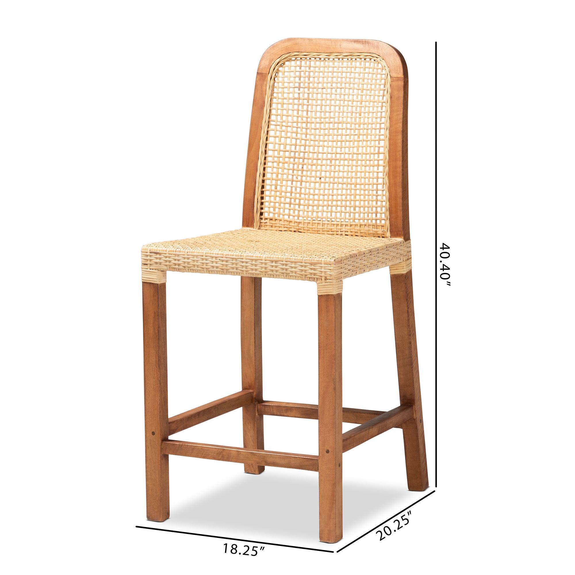 bali & pari Caspia Mid-Century Modern Mahogany Wood and Rattan Counter Stool