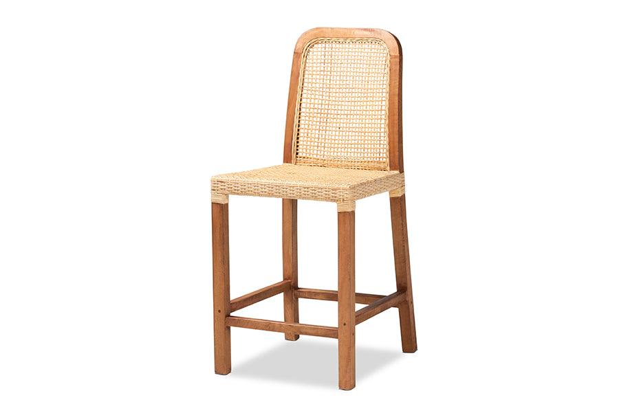 bali & pari Caspia Mid-Century Modern Mahogany Wood and Rattan Counter Stool