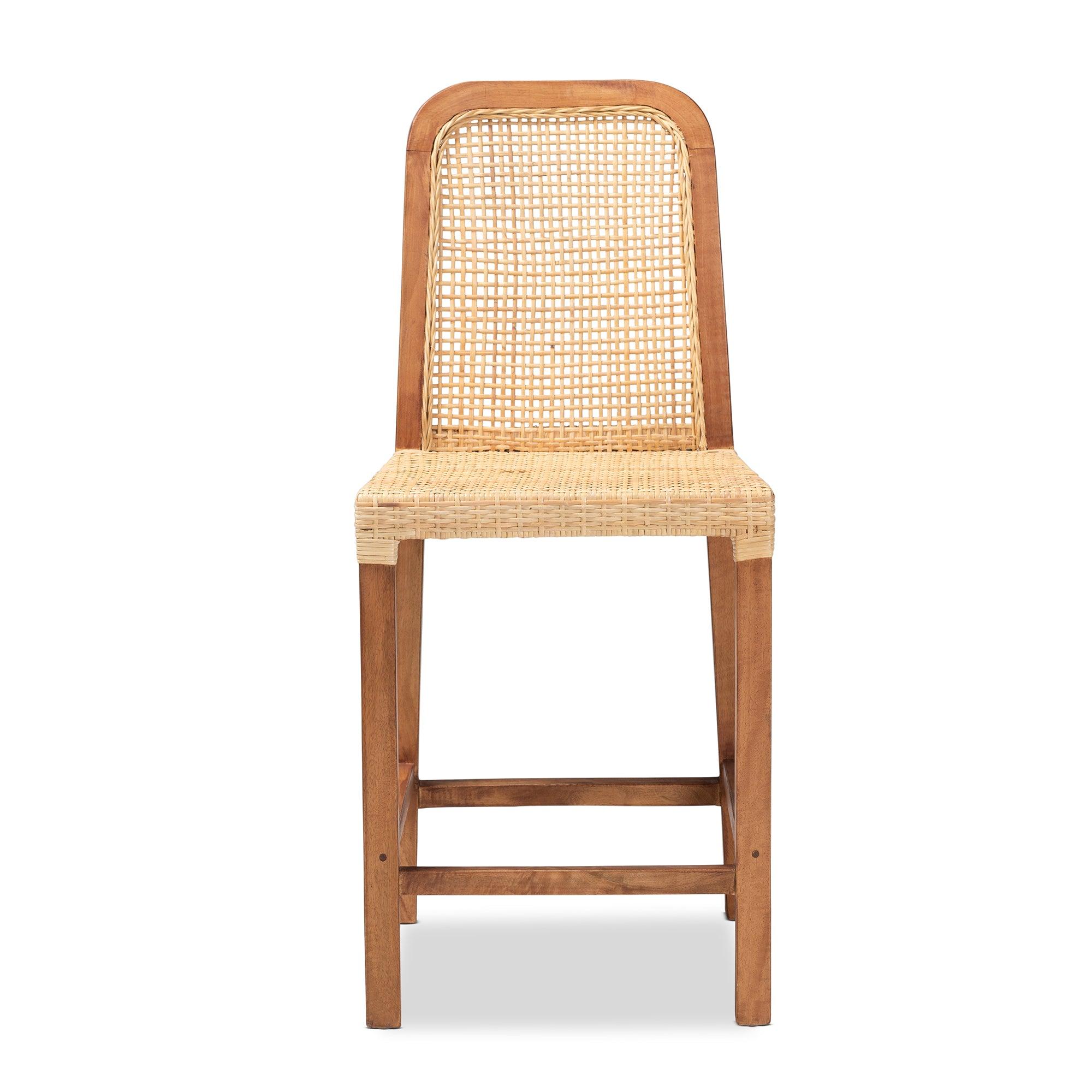 bali & pari Caspia Mid-Century Modern Mahogany Wood and Rattan Counter Stool