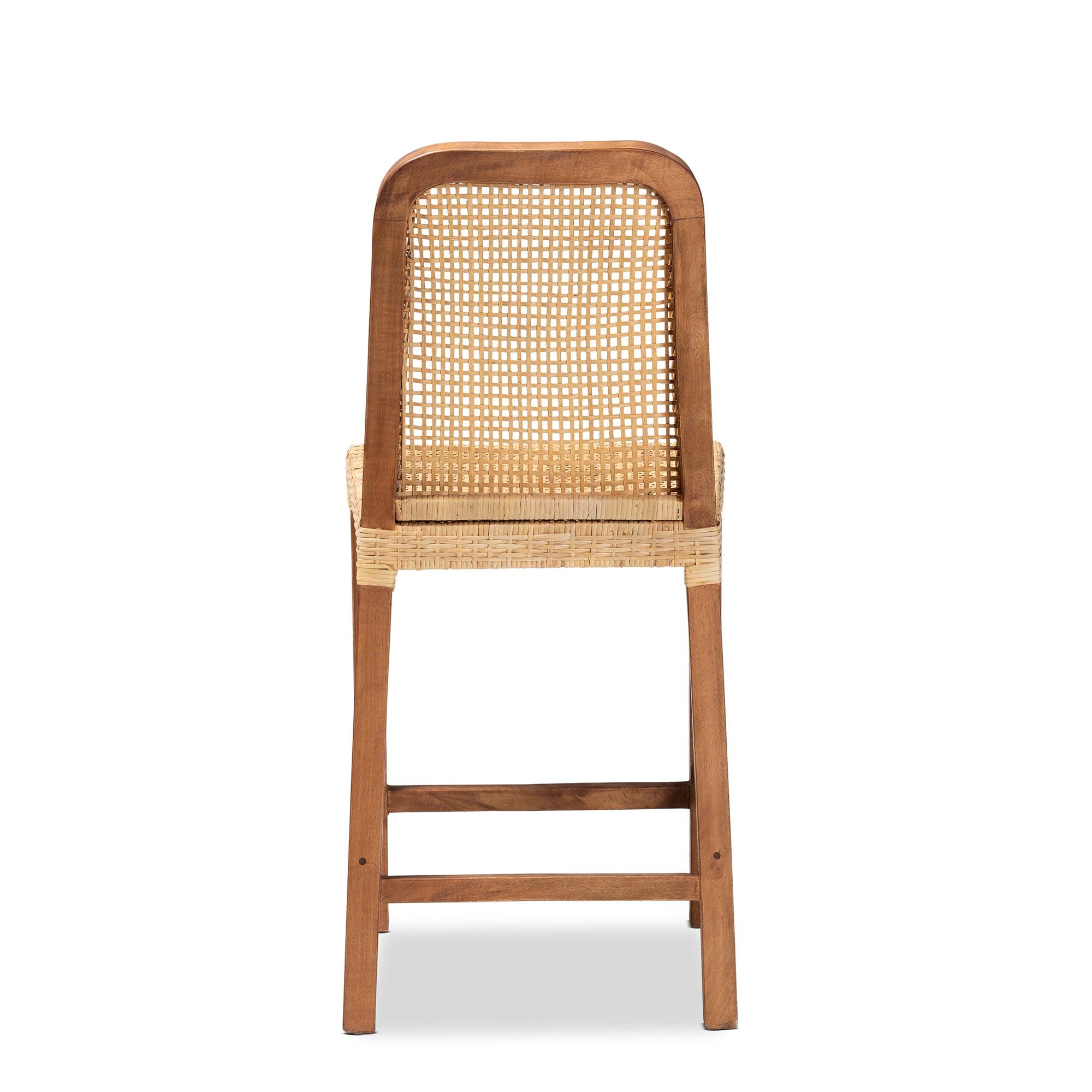 bali & pari Caspia Mid-Century Modern Mahogany Wood and Rattan Counter Stool