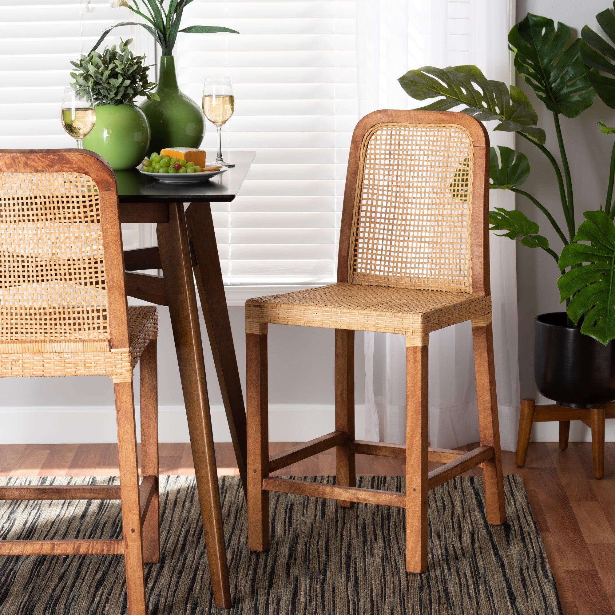 bali & pari Caspia Mid-Century Modern Mahogany Wood and Rattan Counter Stool