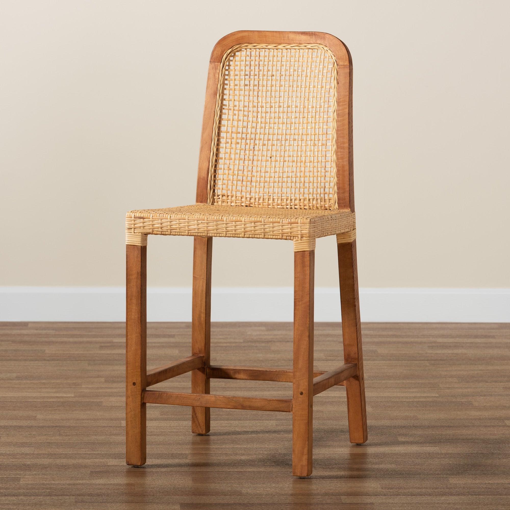 bali & pari Caspia Mid-Century Modern Mahogany Wood and Rattan Counter Stool