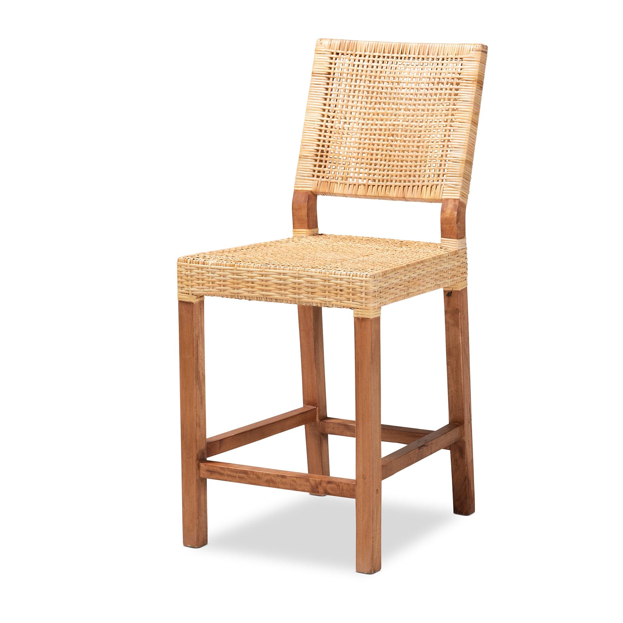 bali & pari Lesia Modern Bohemian Rattan and Mahogany Wood Counter Stool