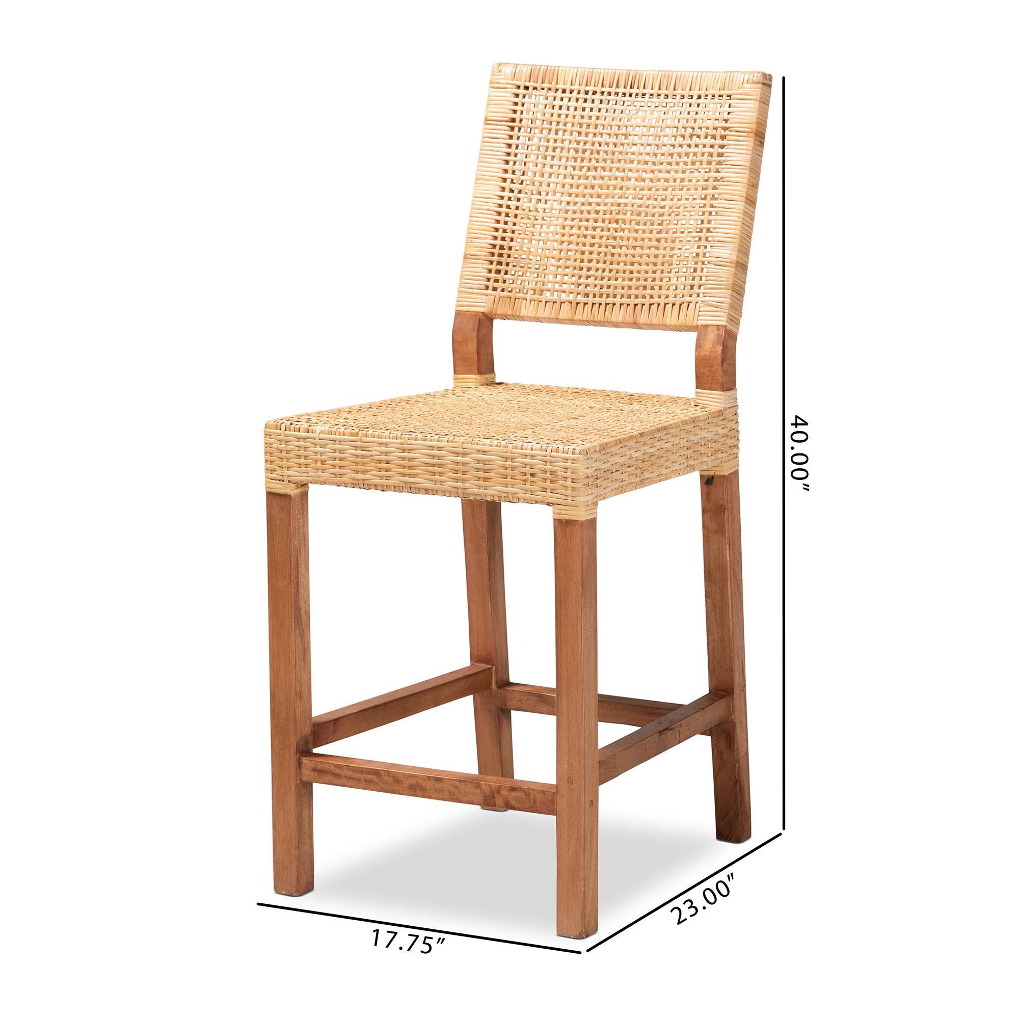 bali & pari Lesia Modern Bohemian Rattan and Mahogany Wood Counter Stool