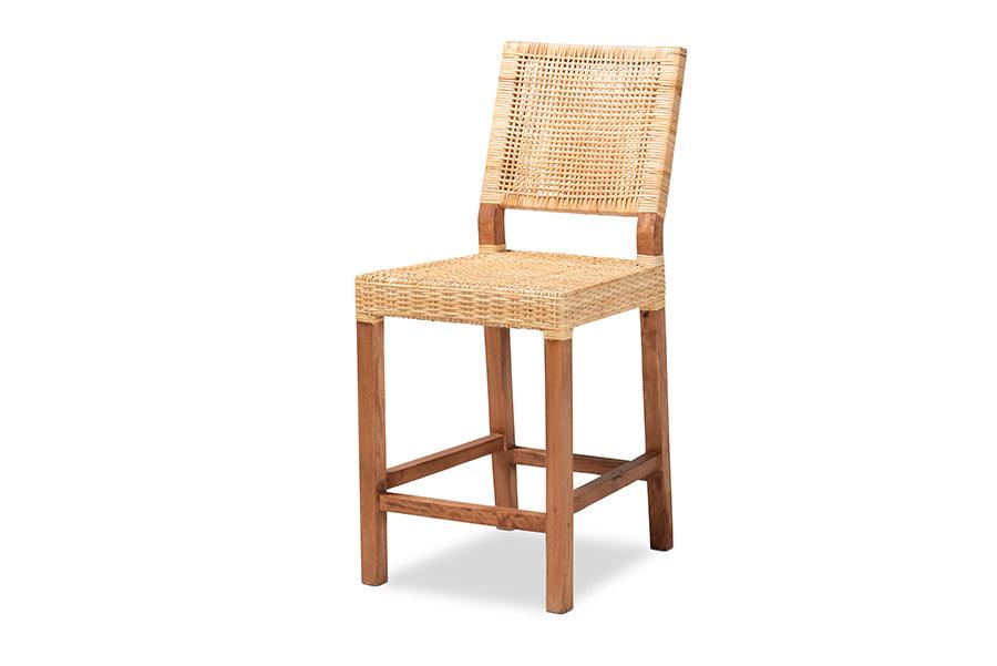 bali & pari Lesia Modern Bohemian Rattan and Mahogany Wood Counter Stool