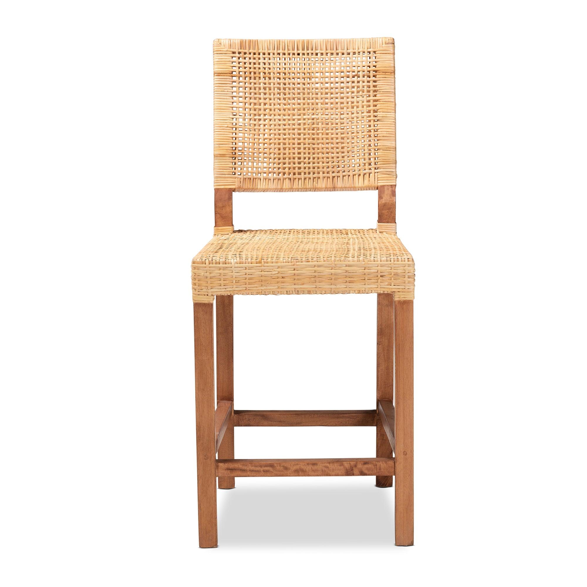 bali & pari Lesia Modern Bohemian Rattan and Mahogany Wood Counter Stool