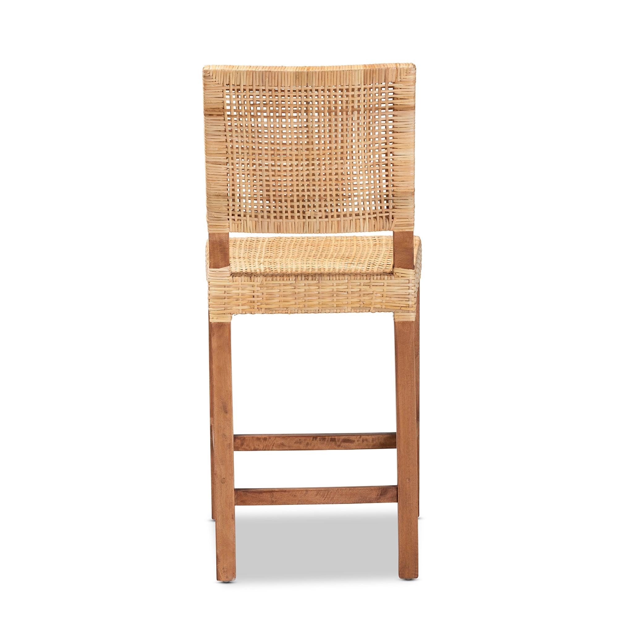 bali & pari Lesia Modern Bohemian Rattan and Mahogany Wood Counter Stool