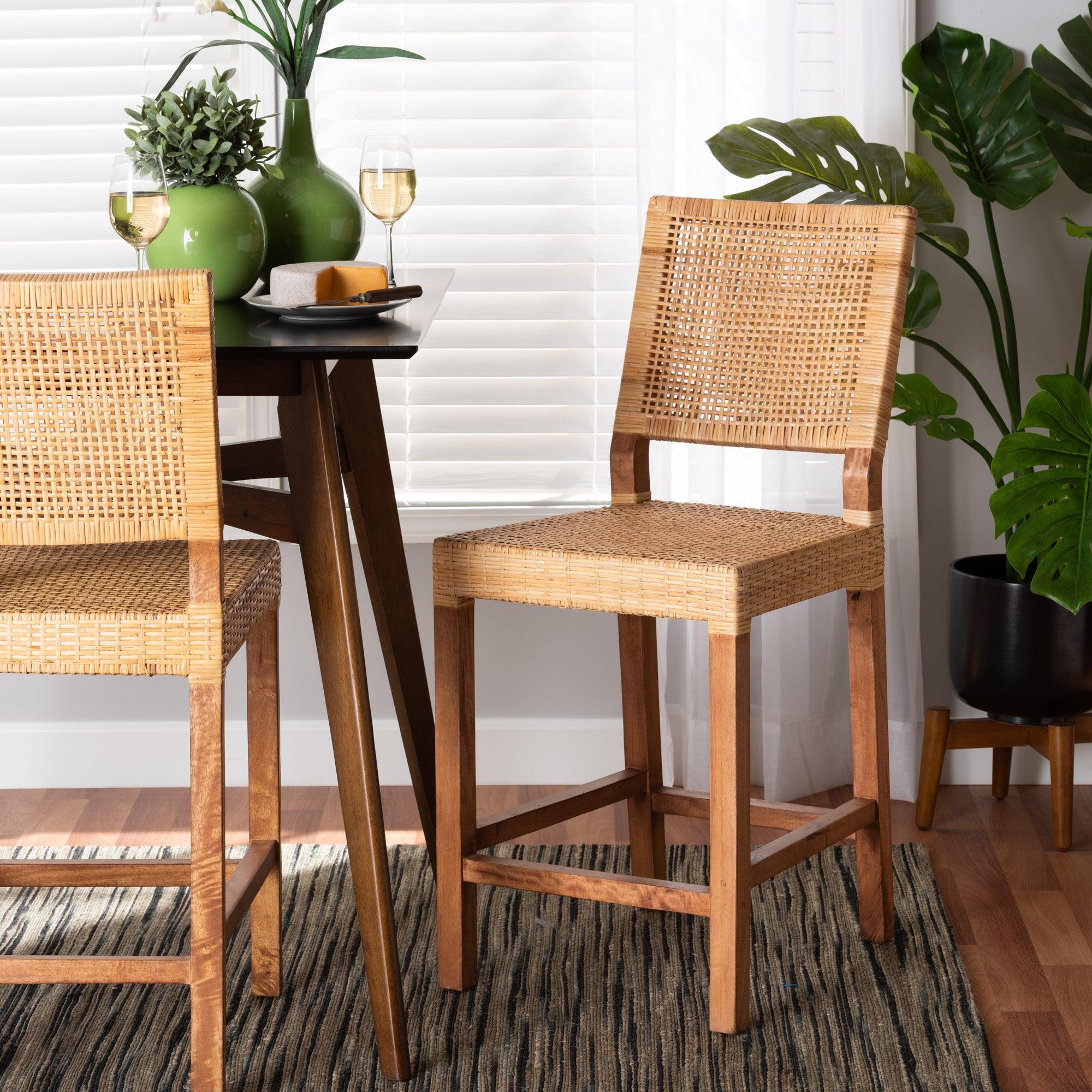 bali & pari Lesia Modern Bohemian Rattan and Mahogany Wood Counter Stool