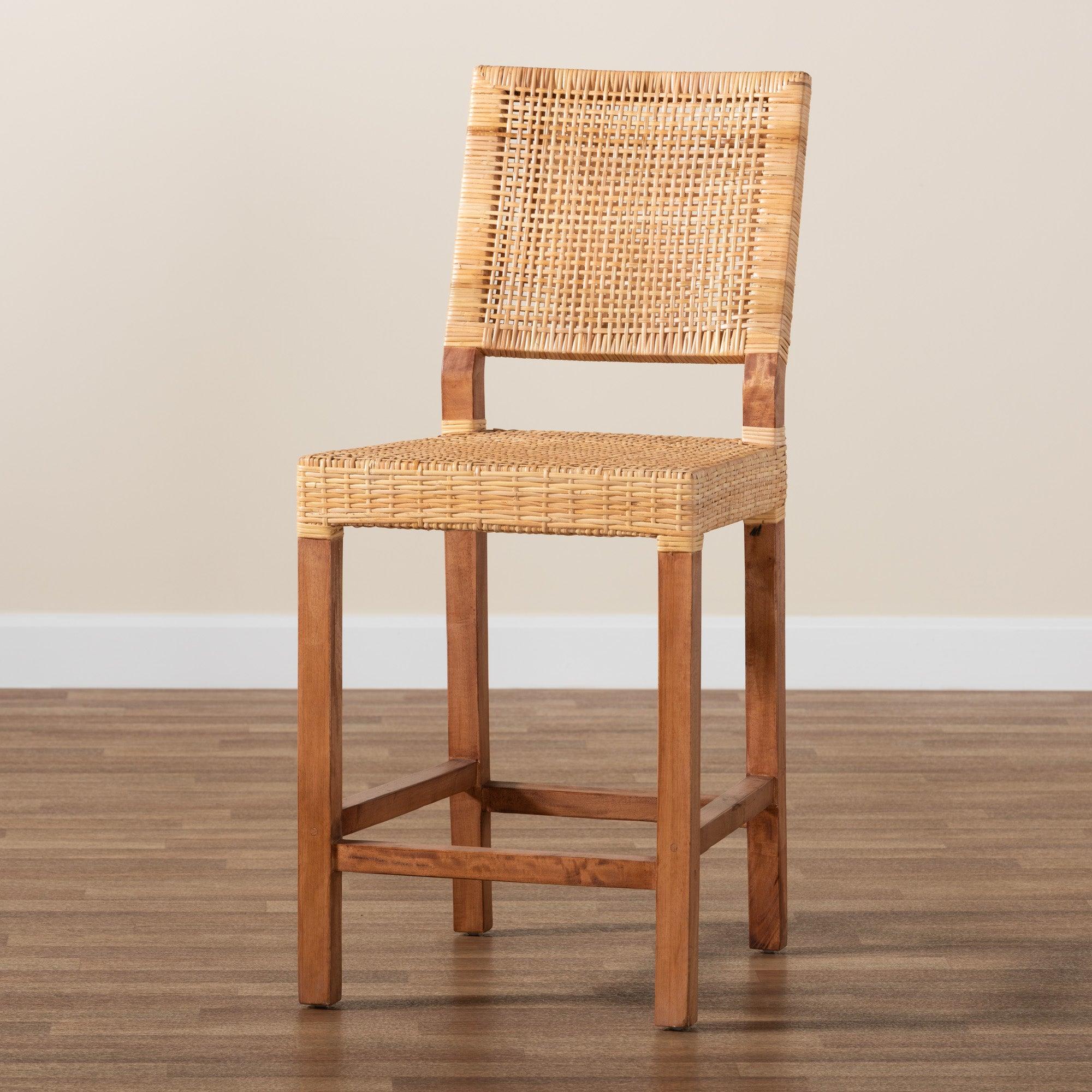 bali & pari Lesia Modern Bohemian Rattan and Mahogany Wood Counter Stool