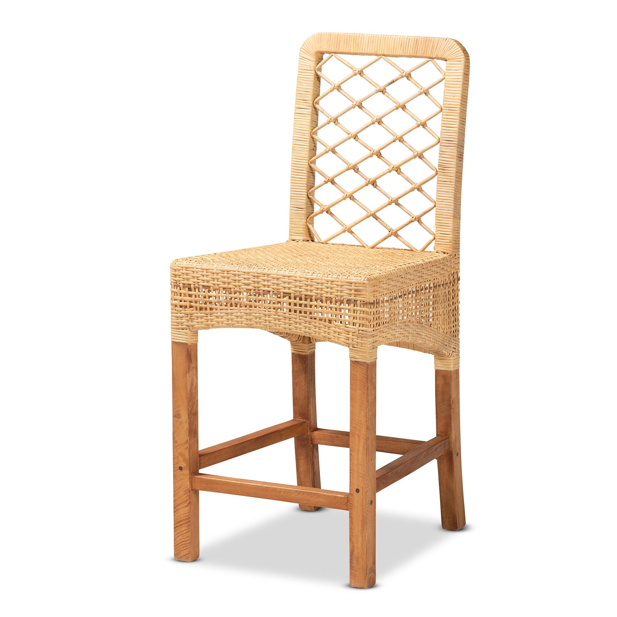 bali & pari Moscow Modern Bohemian Rattan and Mahogany Wood Counter Stool