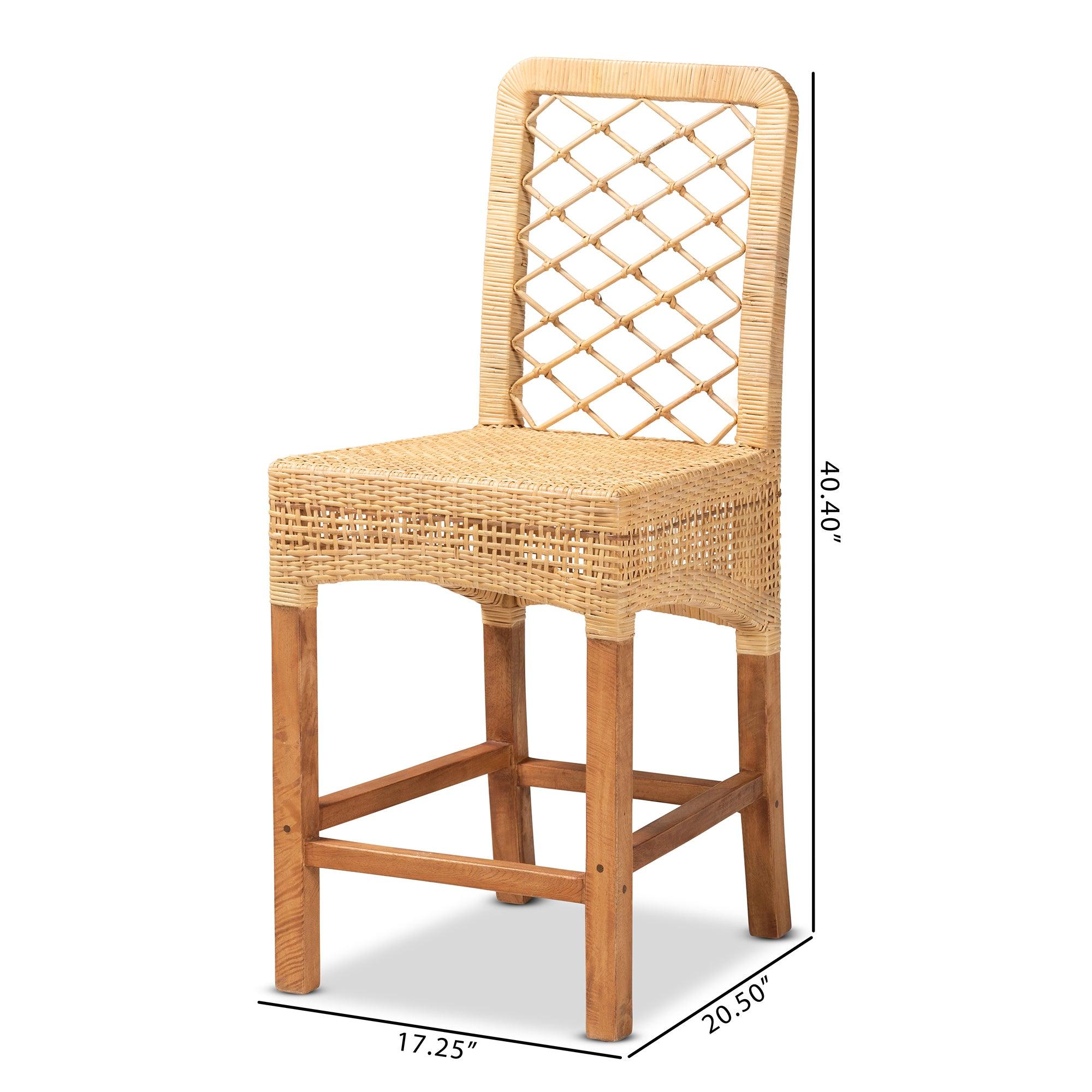 bali & pari Moscow Modern Bohemian Rattan and Mahogany Wood Counter Stool