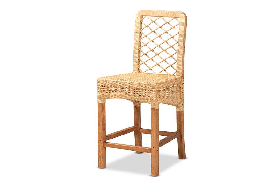 bali & pari Moscow Modern Bohemian Rattan and Mahogany Wood Counter Stool