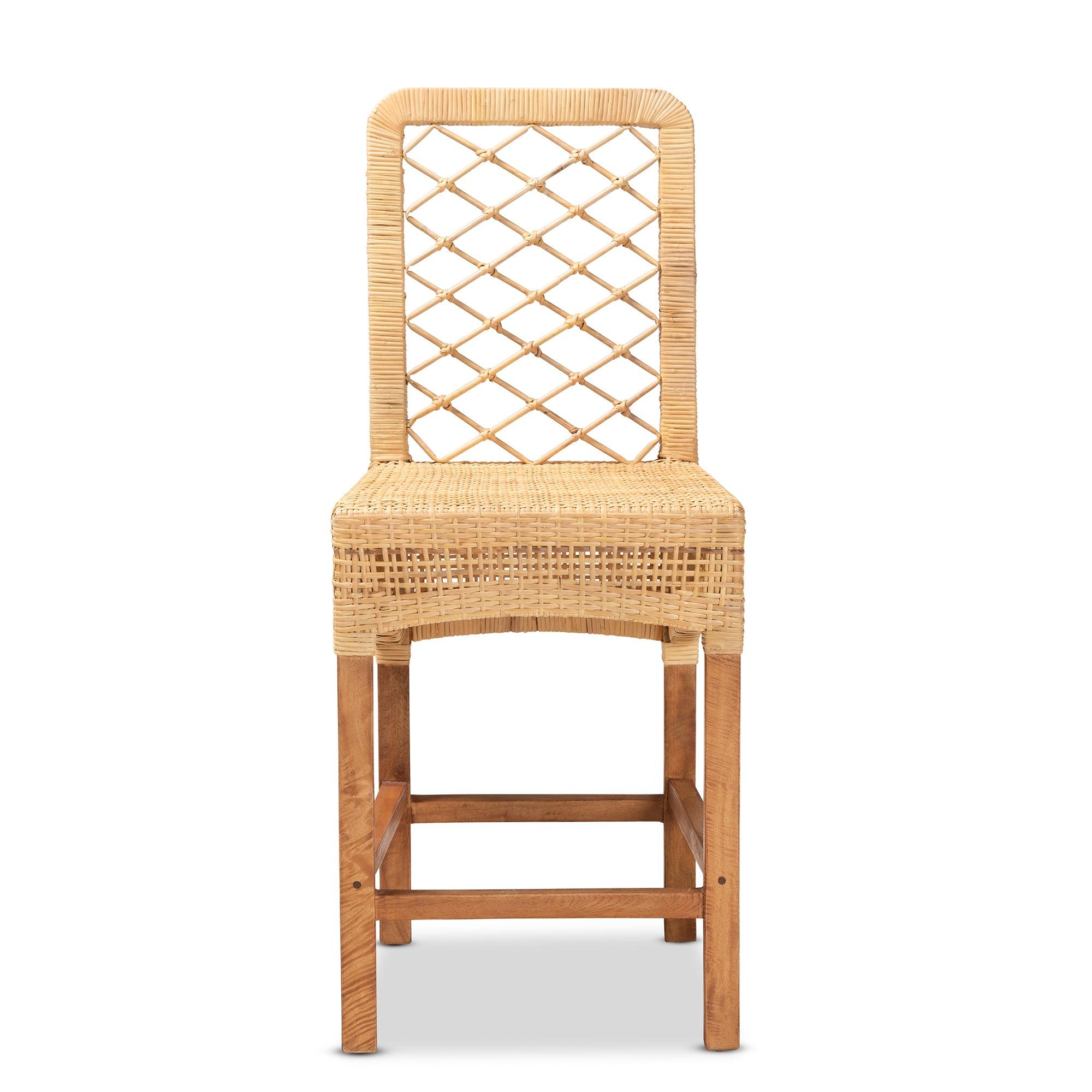 bali & pari Moscow Modern Bohemian Rattan and Mahogany Wood Counter Stool