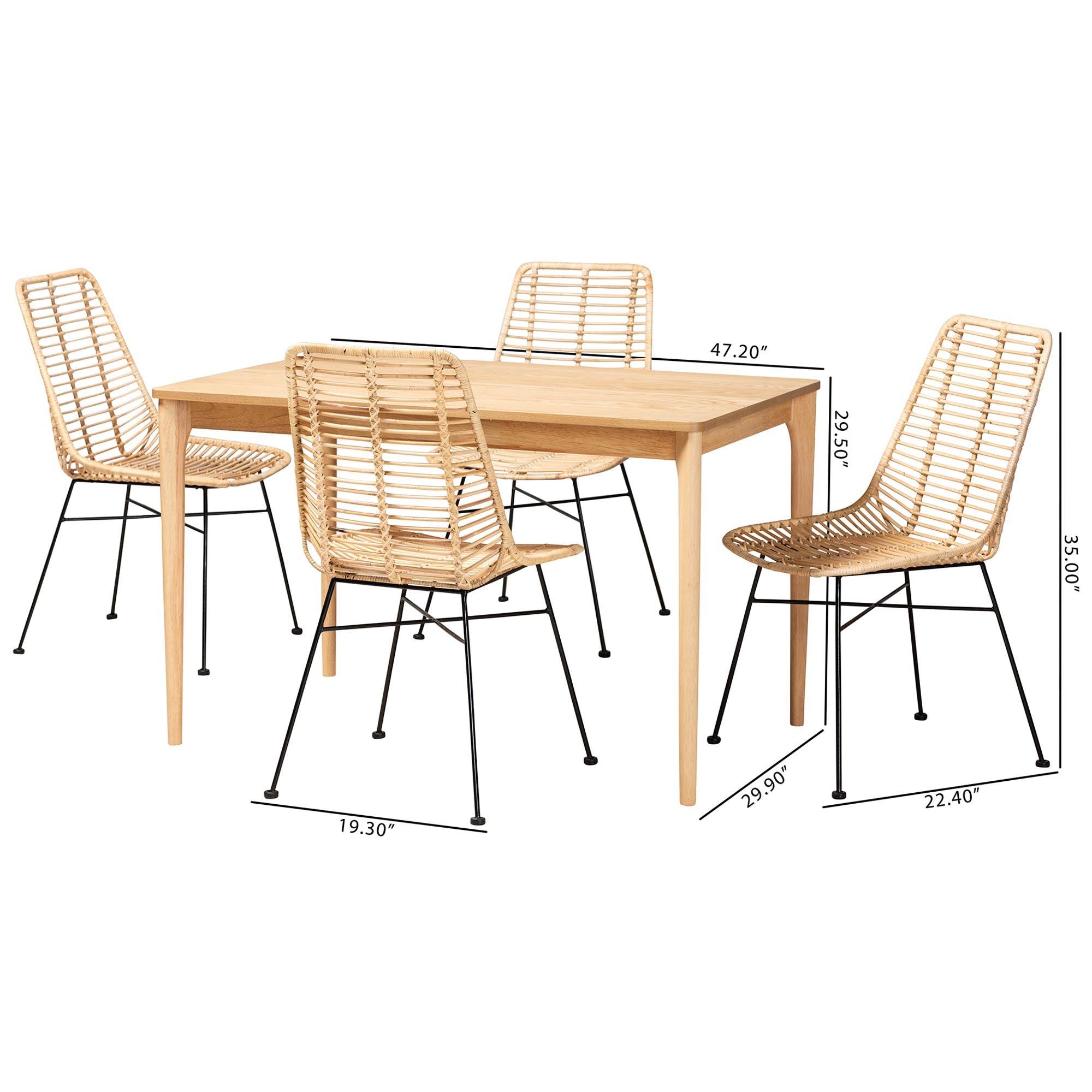 Manhattan Modern Bohemian Rattan and Finished Wood 5-Piece Dining Set