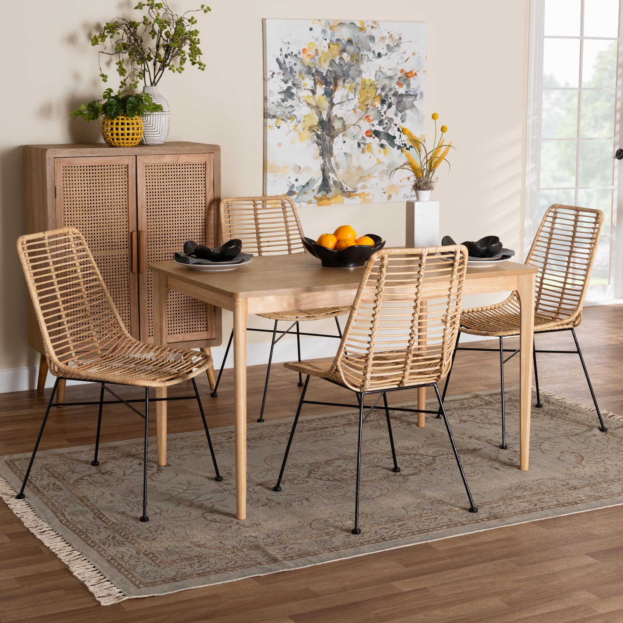 Manhattan Modern Bohemian Rattan and Finished Wood 5-Piece Dining Set