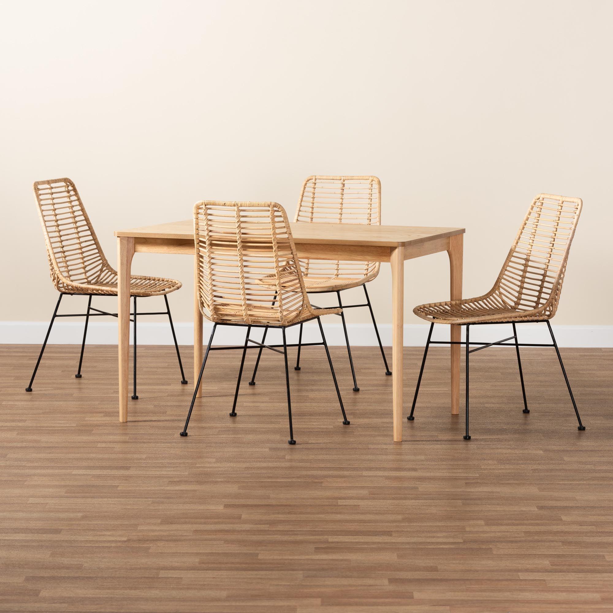 Manhattan Modern Bohemian Rattan and Finished Wood 5-Piece Dining Set