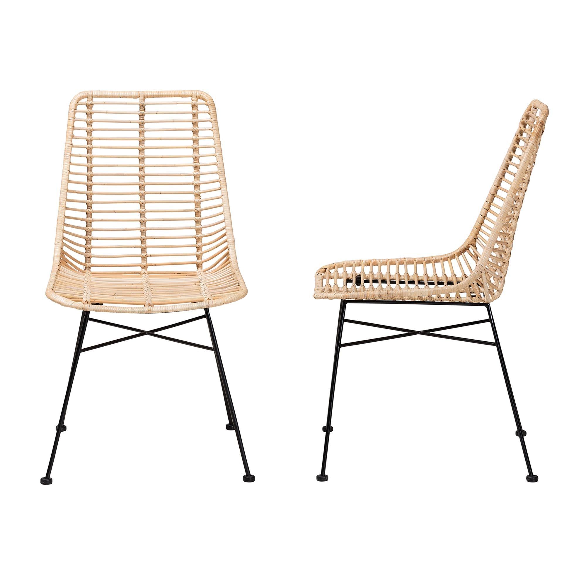 bali & pari Manhattan Modern Bohemian Rattan and Metal 2-Piece Dining Chair Set