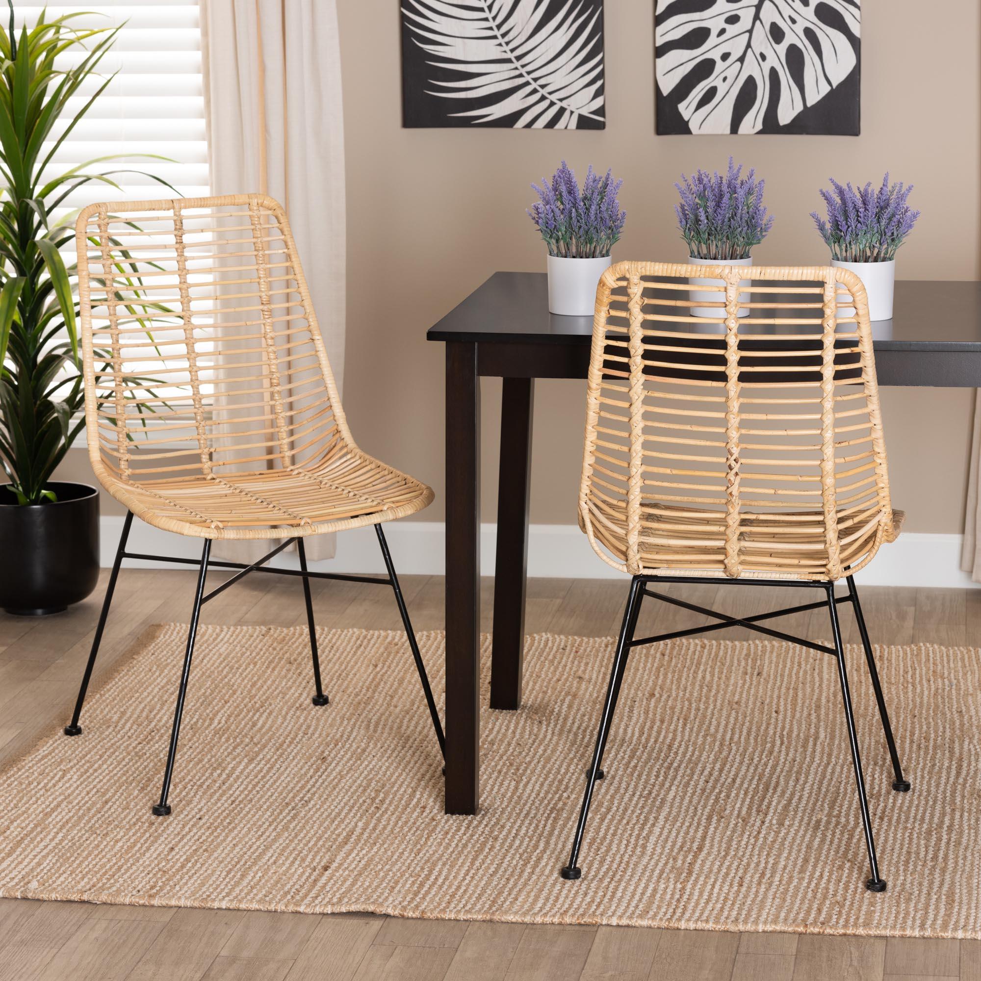 bali & pari Manhattan Modern Bohemian Rattan and Metal 2-Piece Dining Chair Set