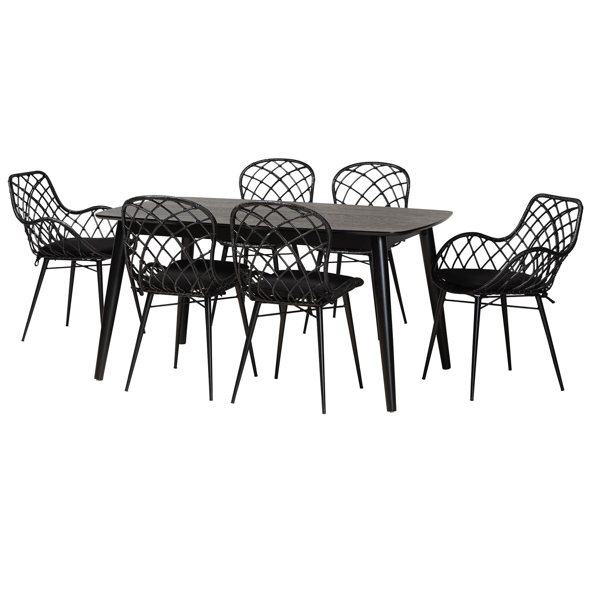 Aniceta Modern Bohemian Finished Wood and Rattan 7-Piece Dining Set