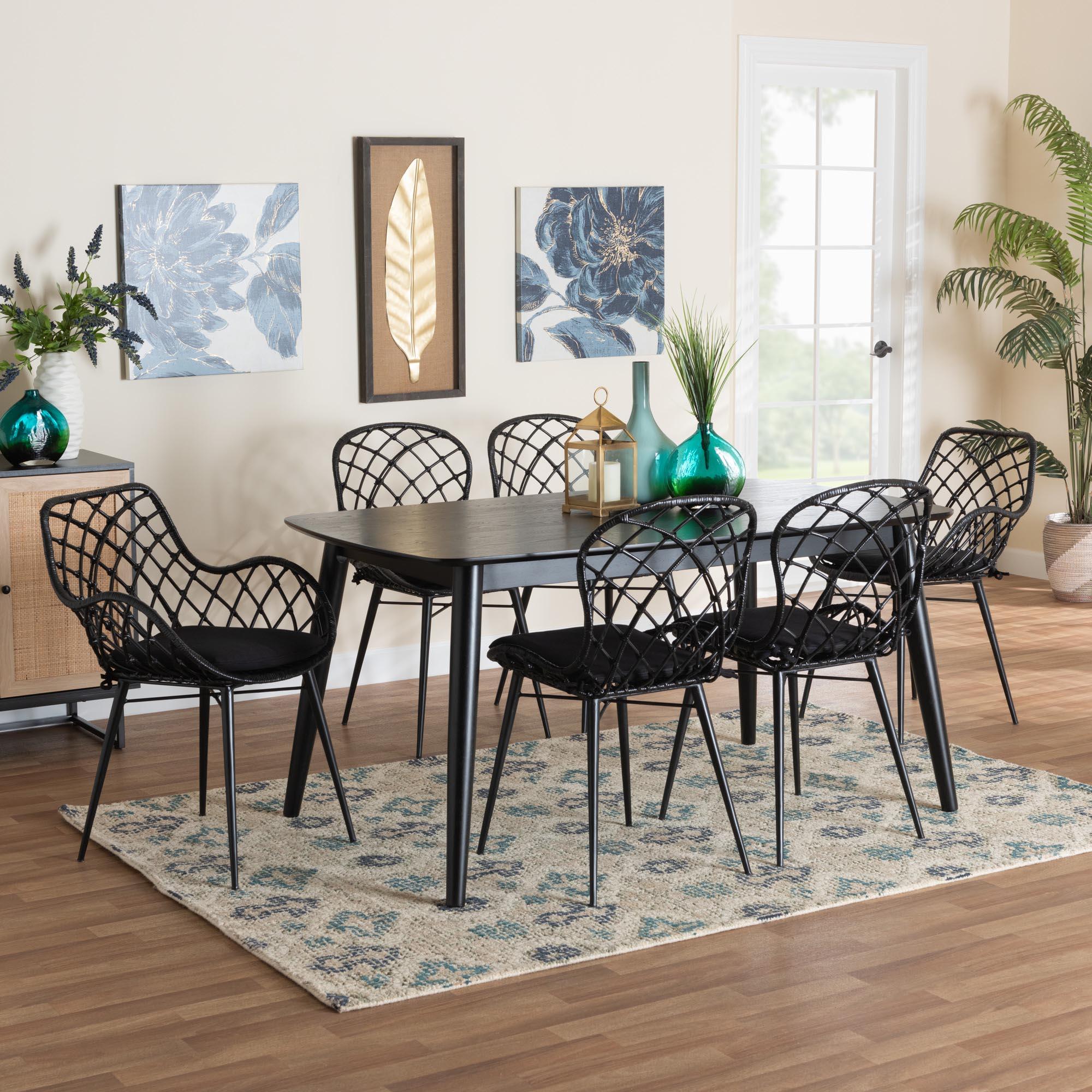 Aniceta Modern Bohemian Finished Wood and Rattan 7-Piece Dining Set