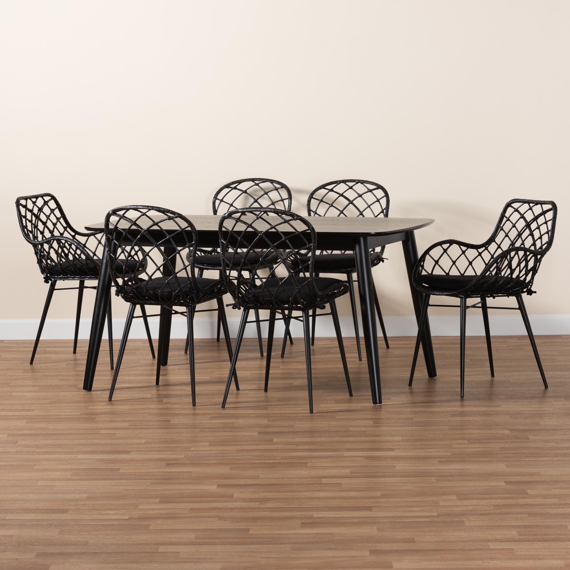 Aniceta Modern Bohemian Finished Wood and Rattan 7-Piece Dining Set