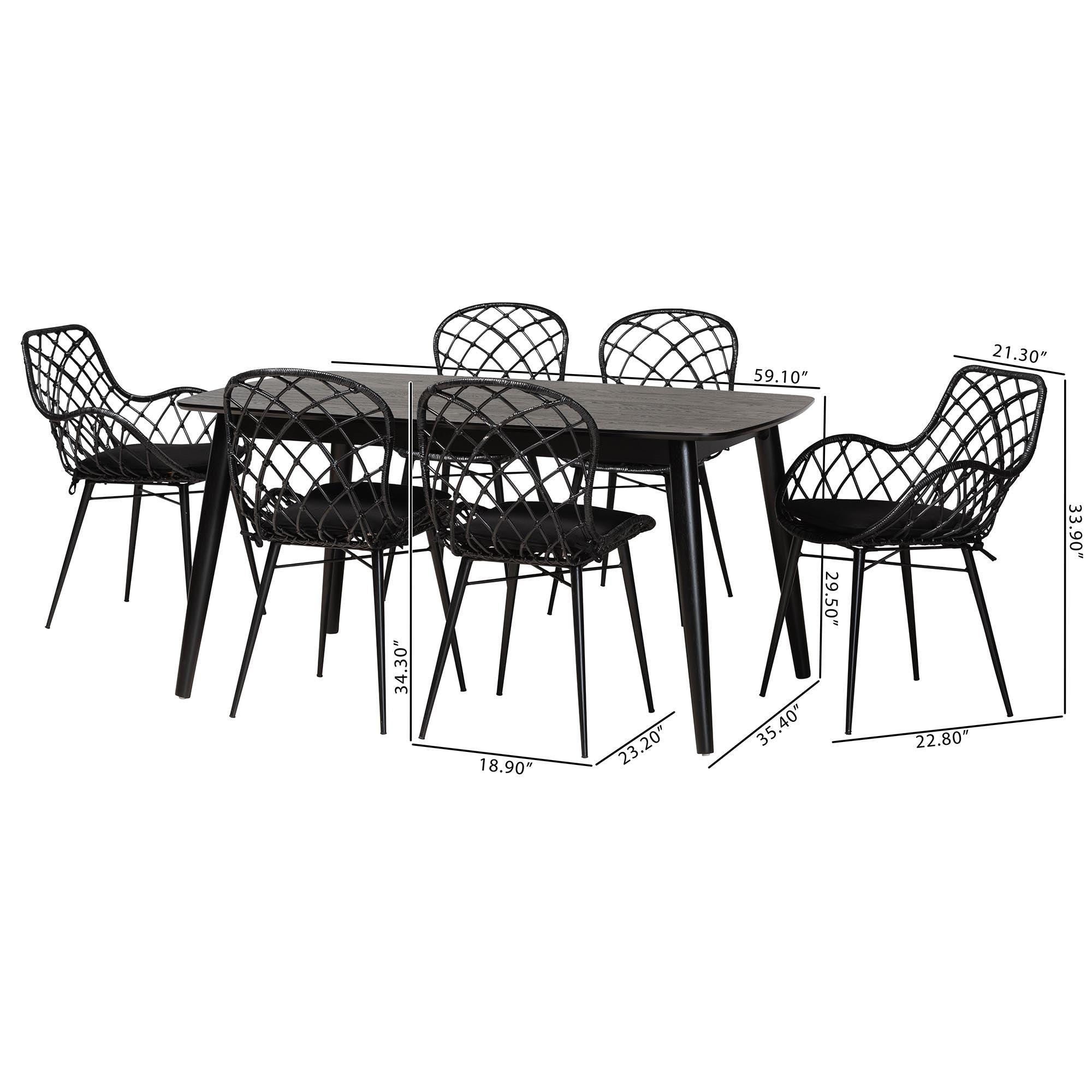 Aniceta Modern Bohemian Finished Wood and Rattan 7-Piece Dining Set