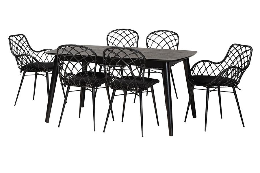 Aniceta Modern Bohemian Finished Wood and Rattan 7-Piece Dining Set