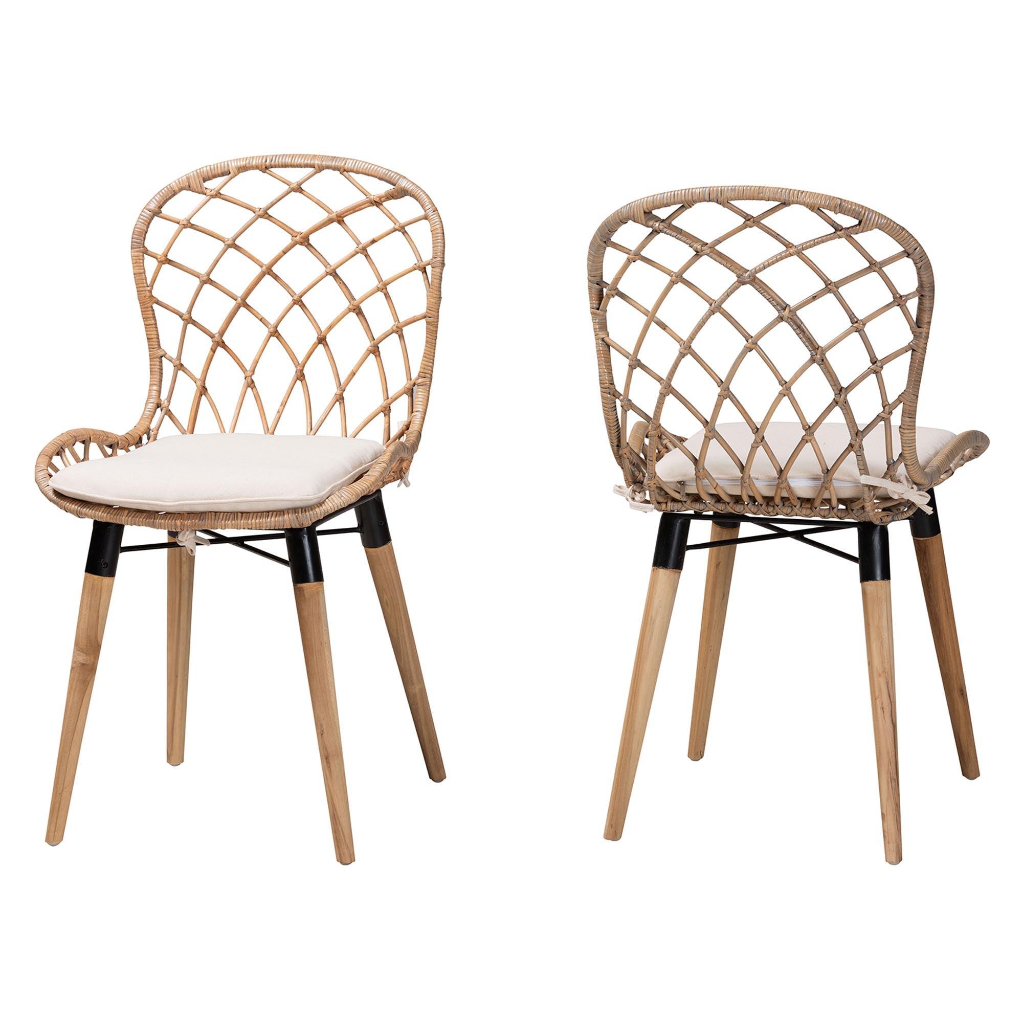 bali & pari Sabelle Modern Bohemian Finished Teak Wood and washed Rattan 2-Piece Dining Chair Set