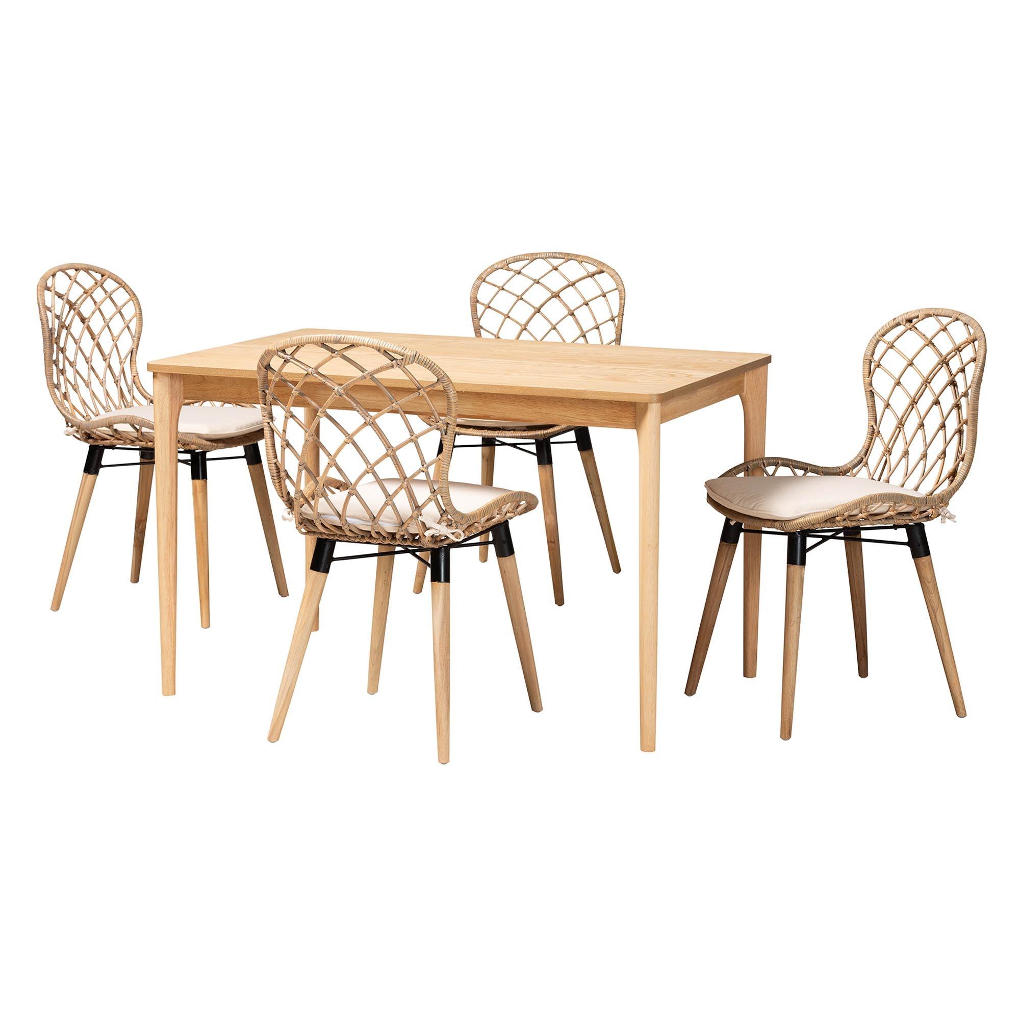 Sabelle Modern Bohemian washed Rattan and Finished Wood 5-Piece Dining Set