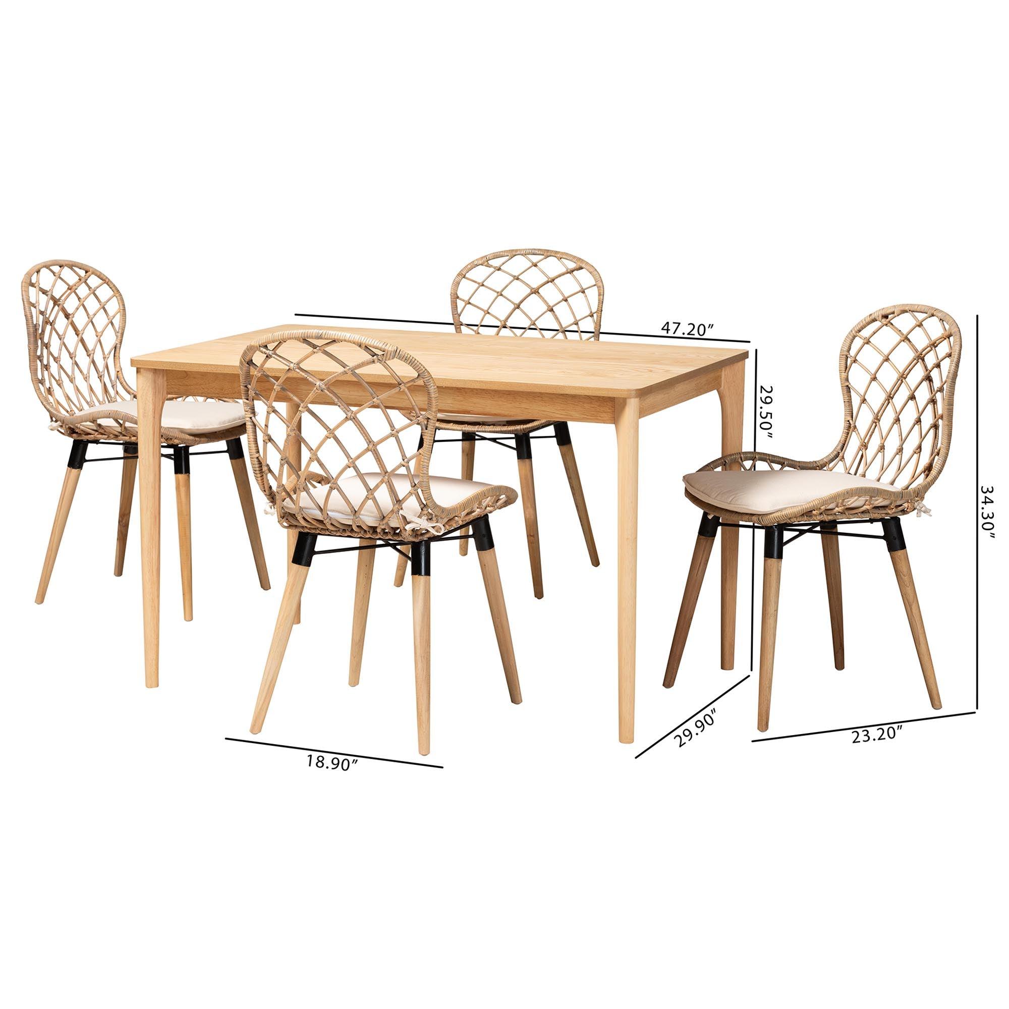 Sabelle Modern Bohemian washed Rattan and Finished Wood 5-Piece Dining Set