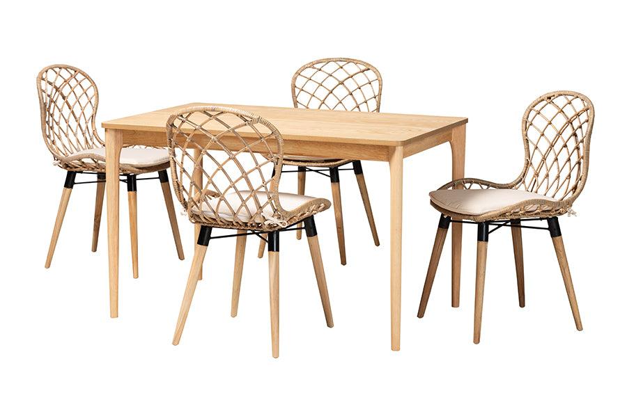 Sabelle Modern Bohemian washed Rattan and Finished Wood 5-Piece Dining Set