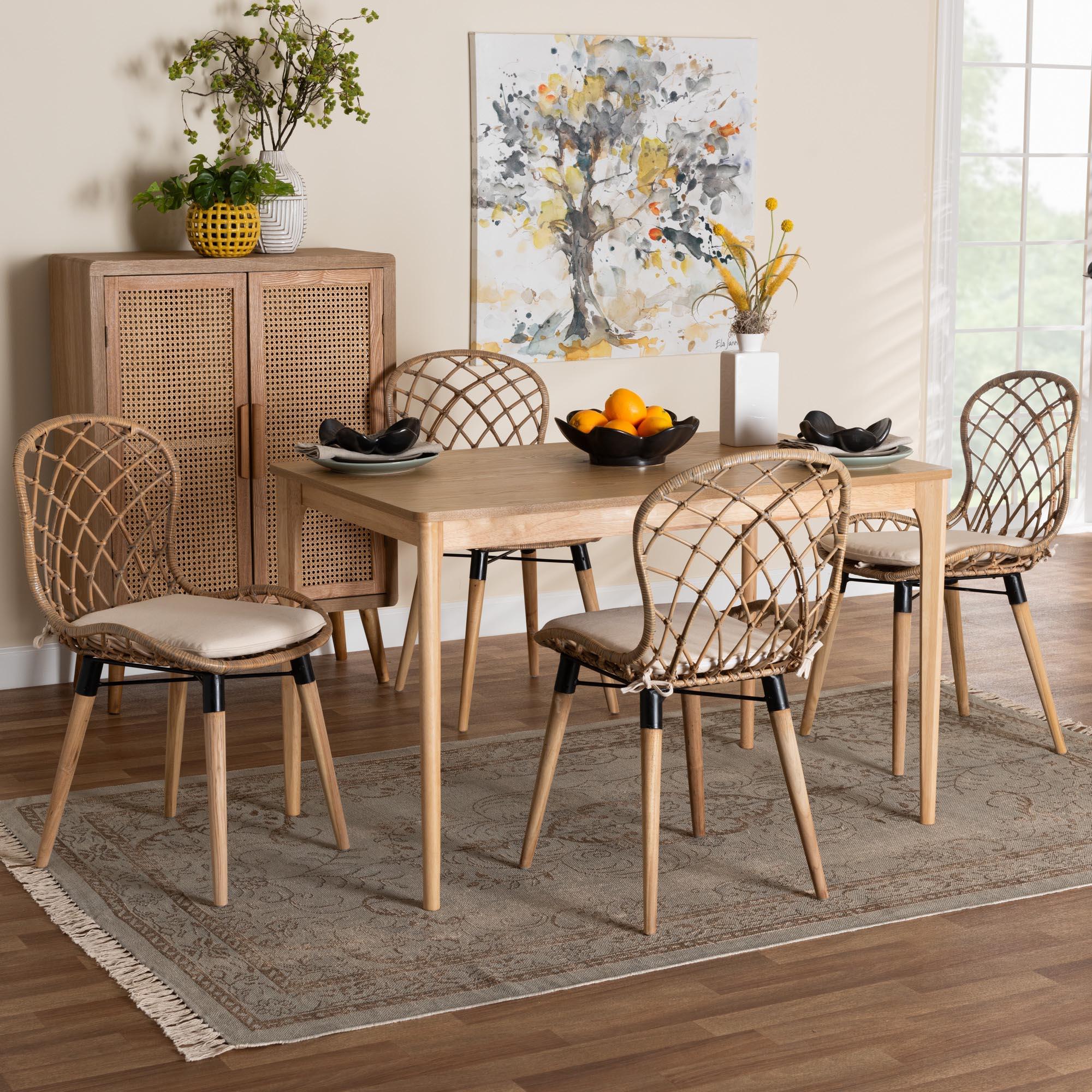 Sabelle Modern Bohemian washed Rattan and Finished Wood 5-Piece Dining Set