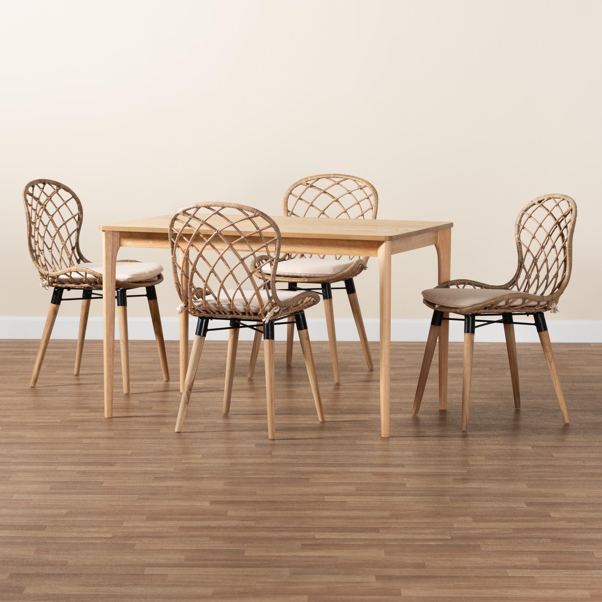 Sabelle Modern Bohemian washed Rattan and Finished Wood 5-Piece Dining Set