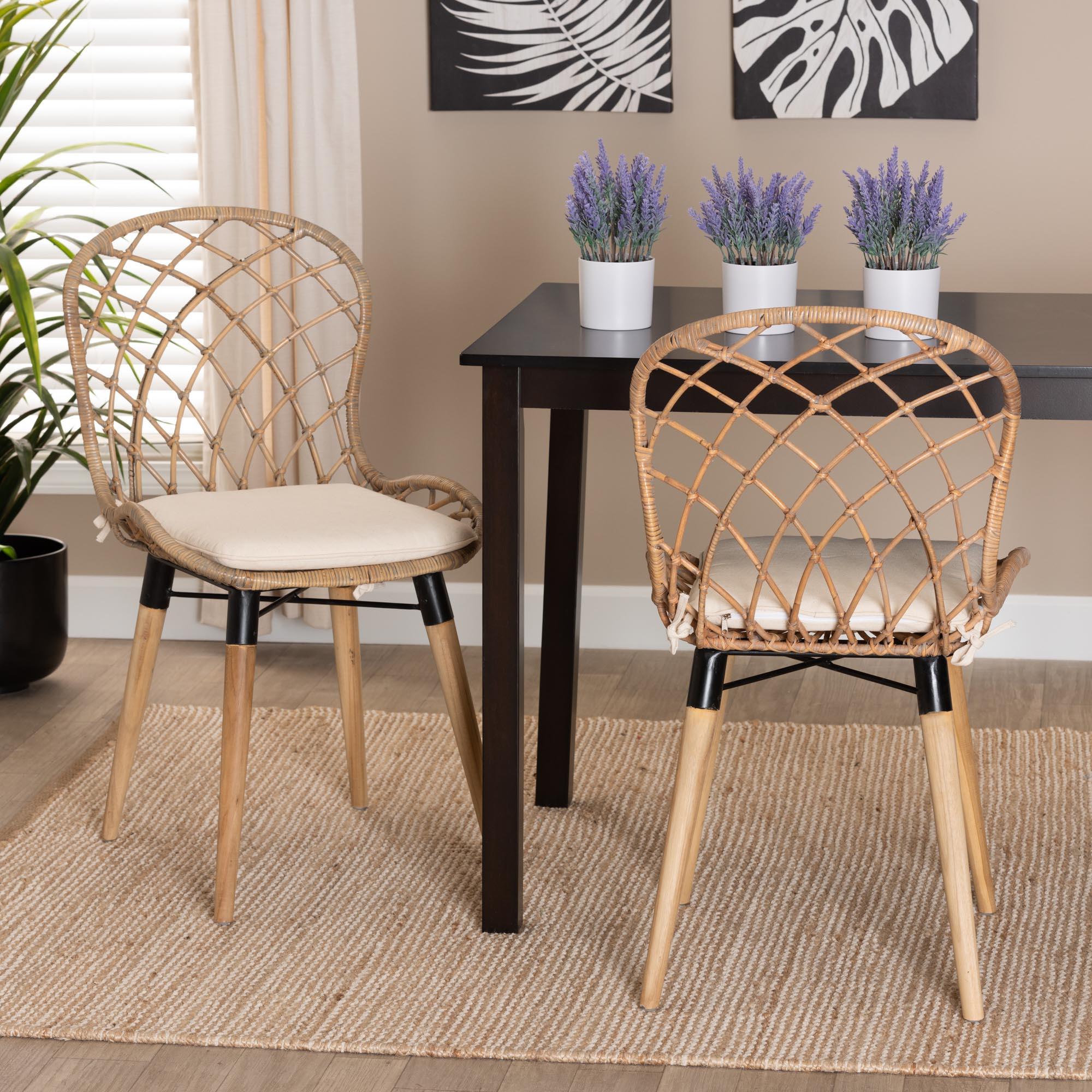 bali & pari Sabelle Modern Bohemian Finished Teak Wood and washed Rattan 2-Piece Dining Chair Set