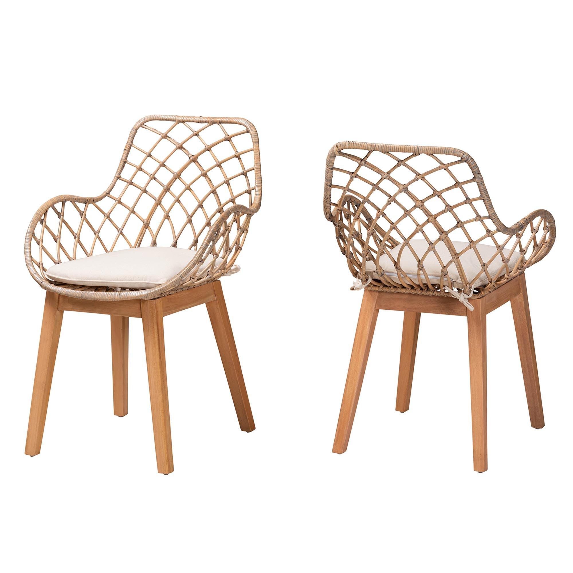 bali & pari Ballerina Modern Bohemian washed Rattan and Finished Wood 2-Piece Dining Chair Set