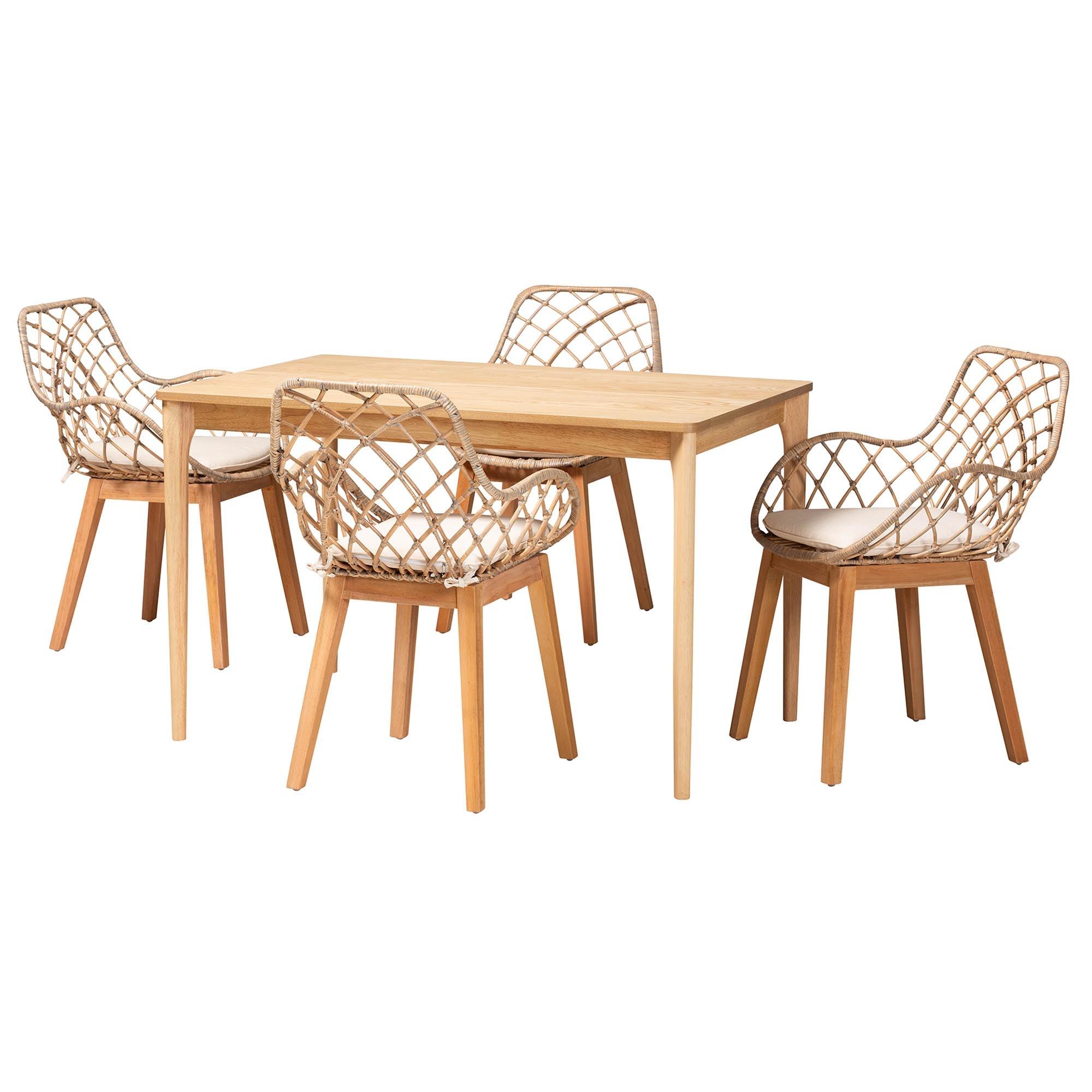 Ballerina Modern Bohemian washed Rattan and Finished Mahogany Wood 5-Piece Dining Set