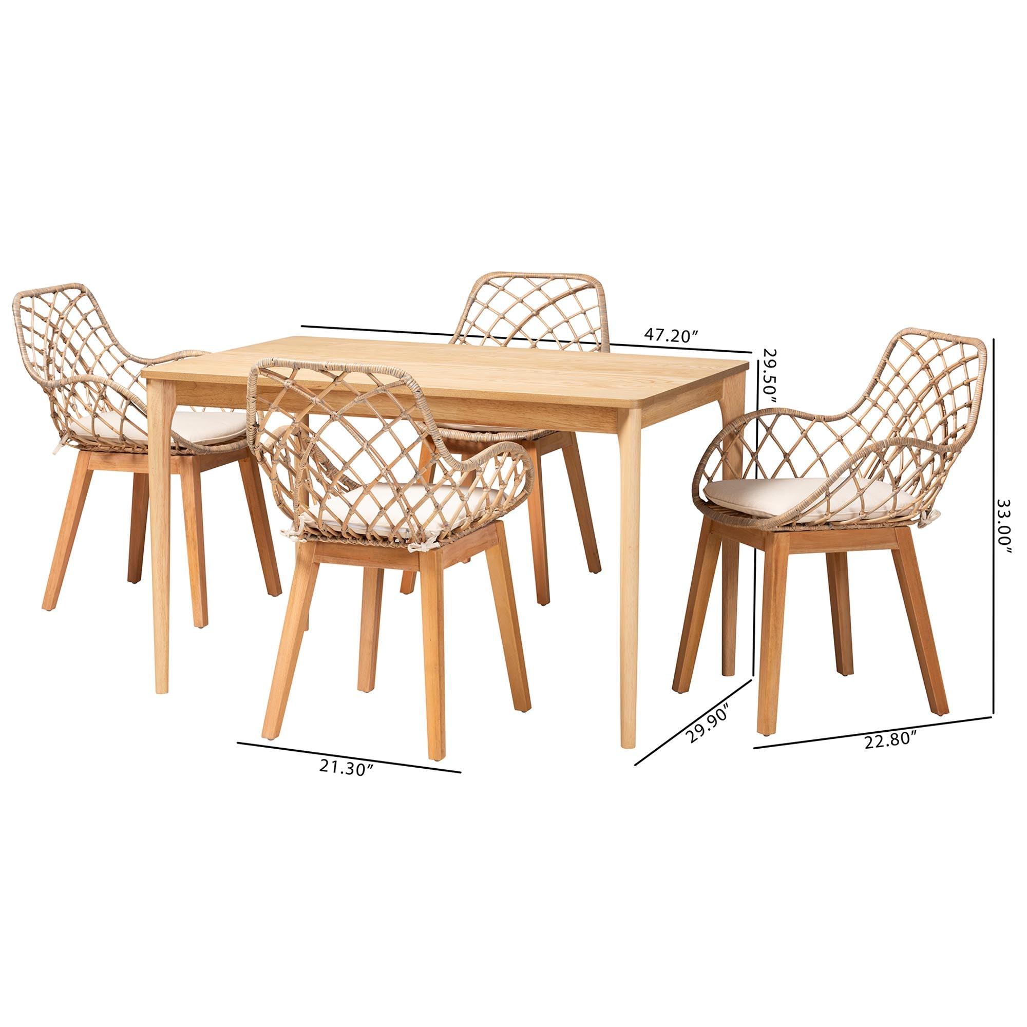 Ballerina Modern Bohemian washed Rattan and Finished Mahogany Wood 5-Piece Dining Set