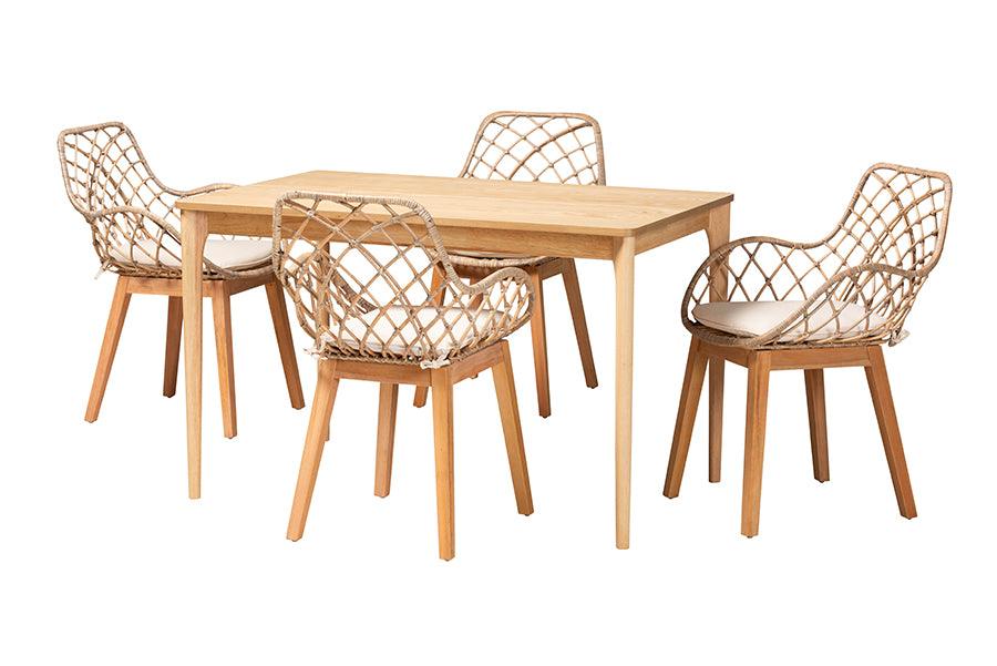 Ballerina Modern Bohemian washed Rattan and Finished Mahogany Wood 5-Piece Dining Set