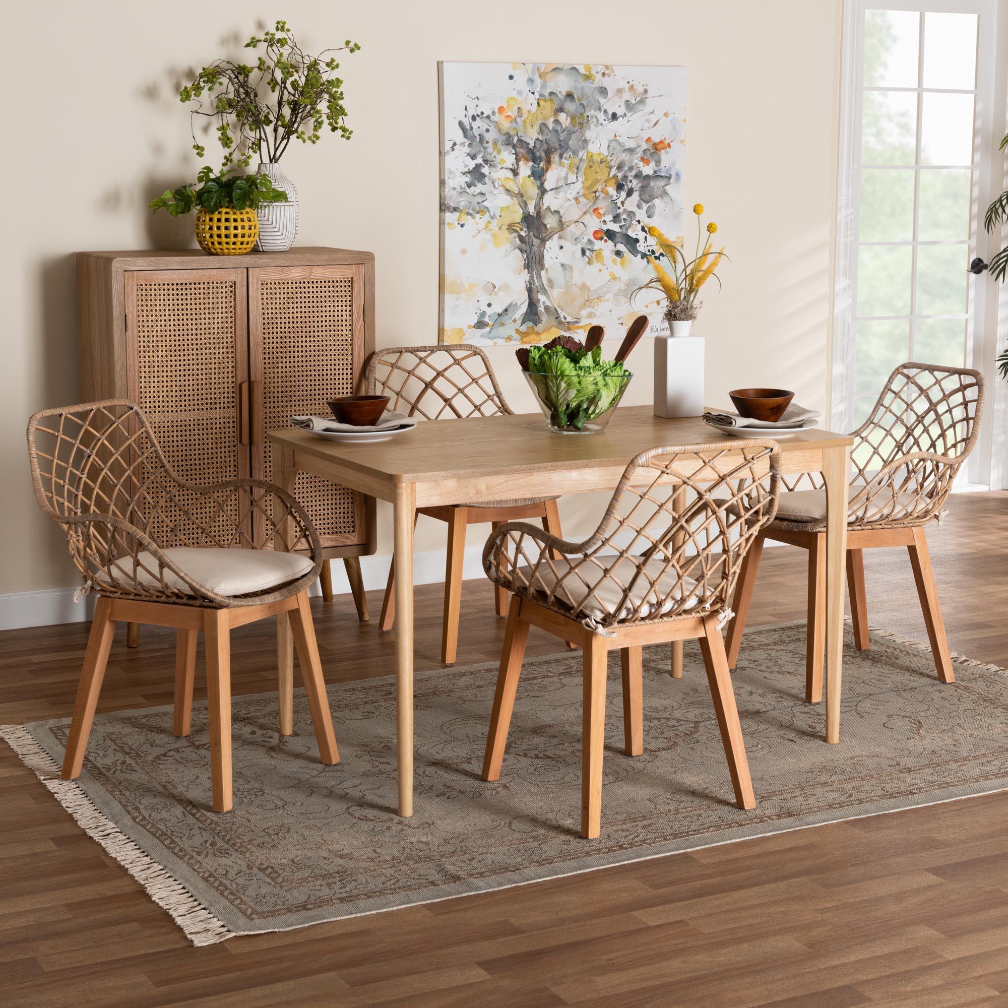 Ballerina Modern Bohemian washed Rattan and Finished Mahogany Wood 5-Piece Dining Set