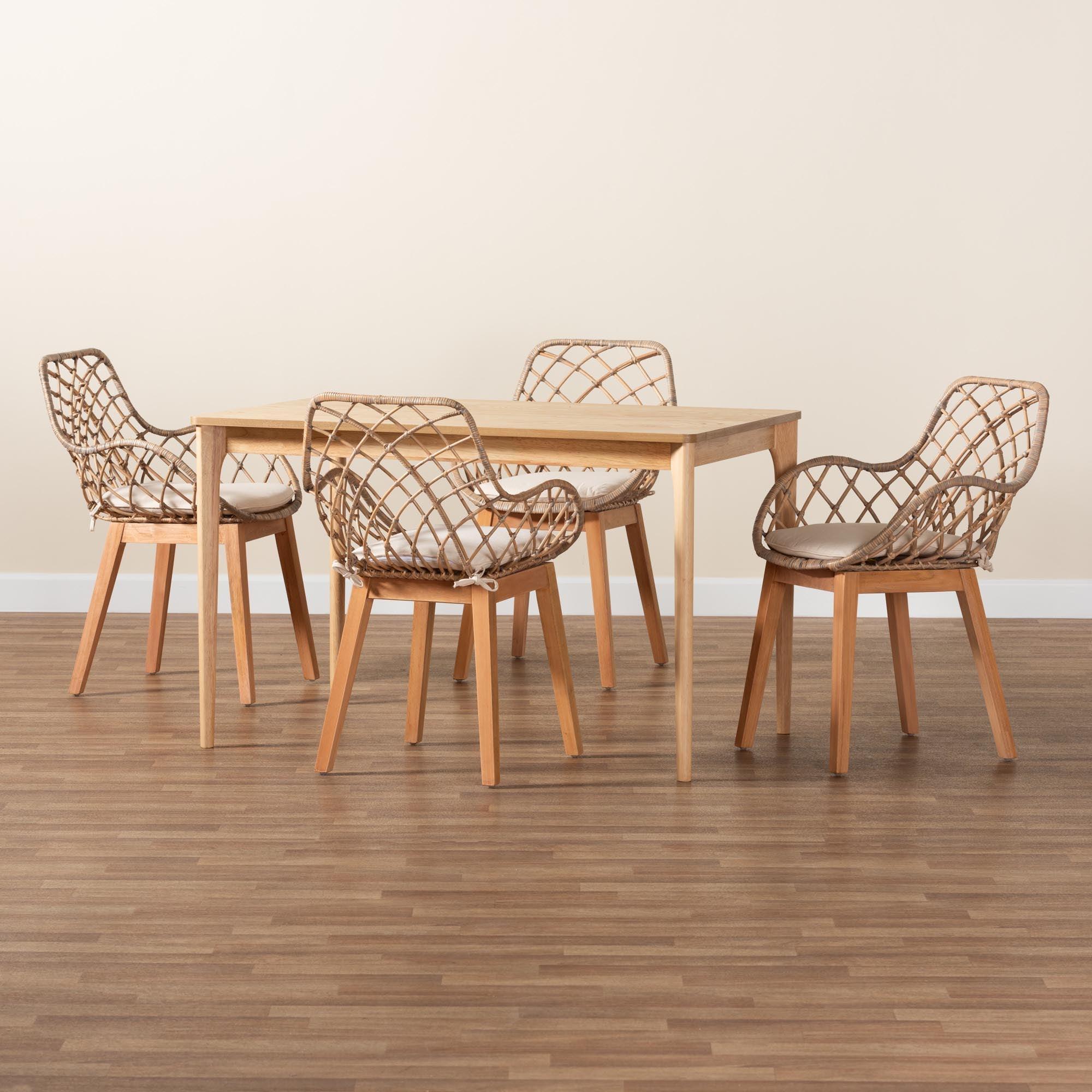 Ballerina Modern Bohemian washed Rattan and Finished Mahogany Wood 5-Piece Dining Set