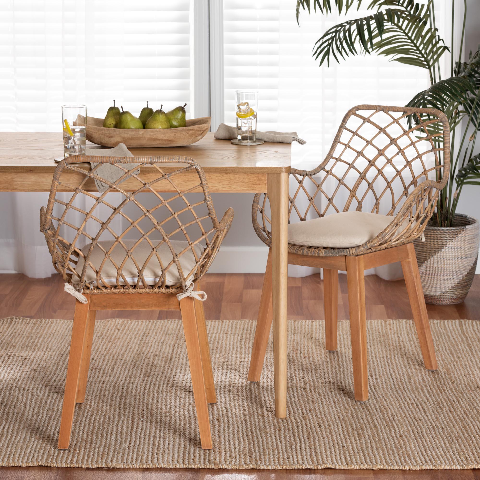 bali & pari Ballerina Modern Bohemian washed Rattan and Finished Wood 2-Piece Dining Chair Set