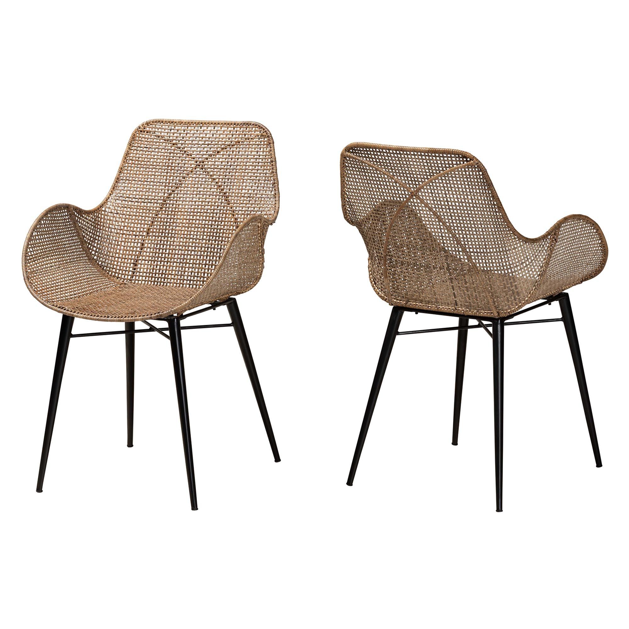 bali & pari Ballerina Modern Bohemian washed Rattan and Metal 2-Piece Dining Chair Set