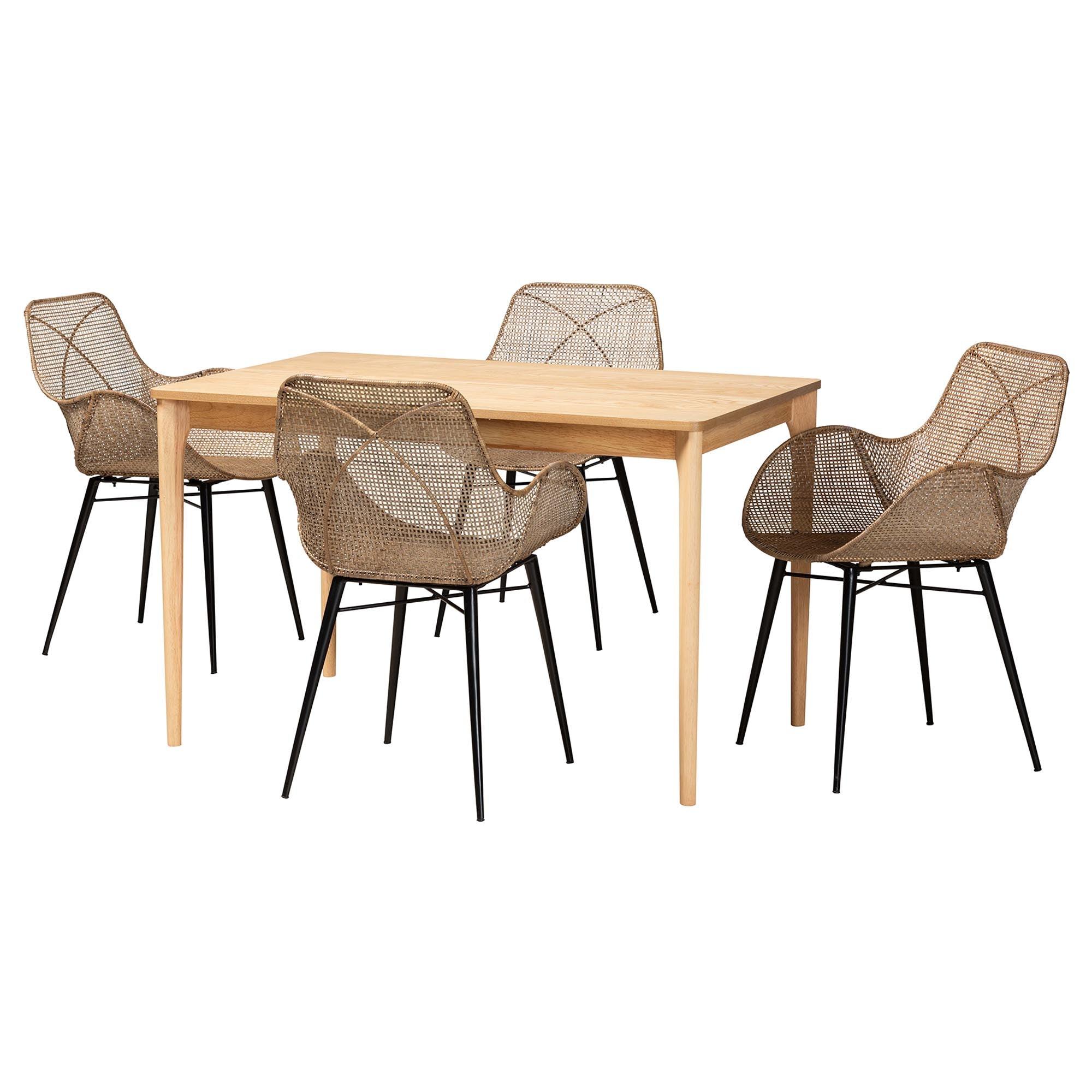 Ballerina Modern Bohemian washed Rattan and Metal 5-Piece Dining Set