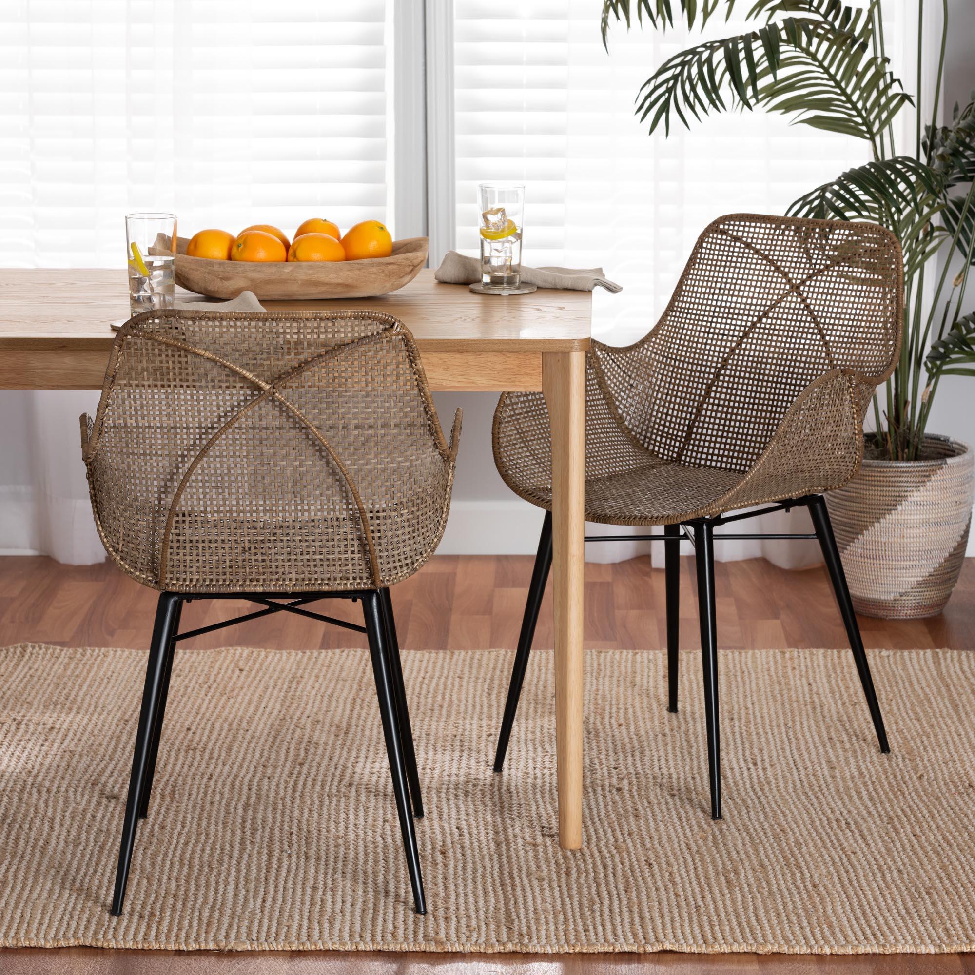 bali & pari Ballerina Modern Bohemian washed Rattan and Metal 2-Piece Dining Chair Set