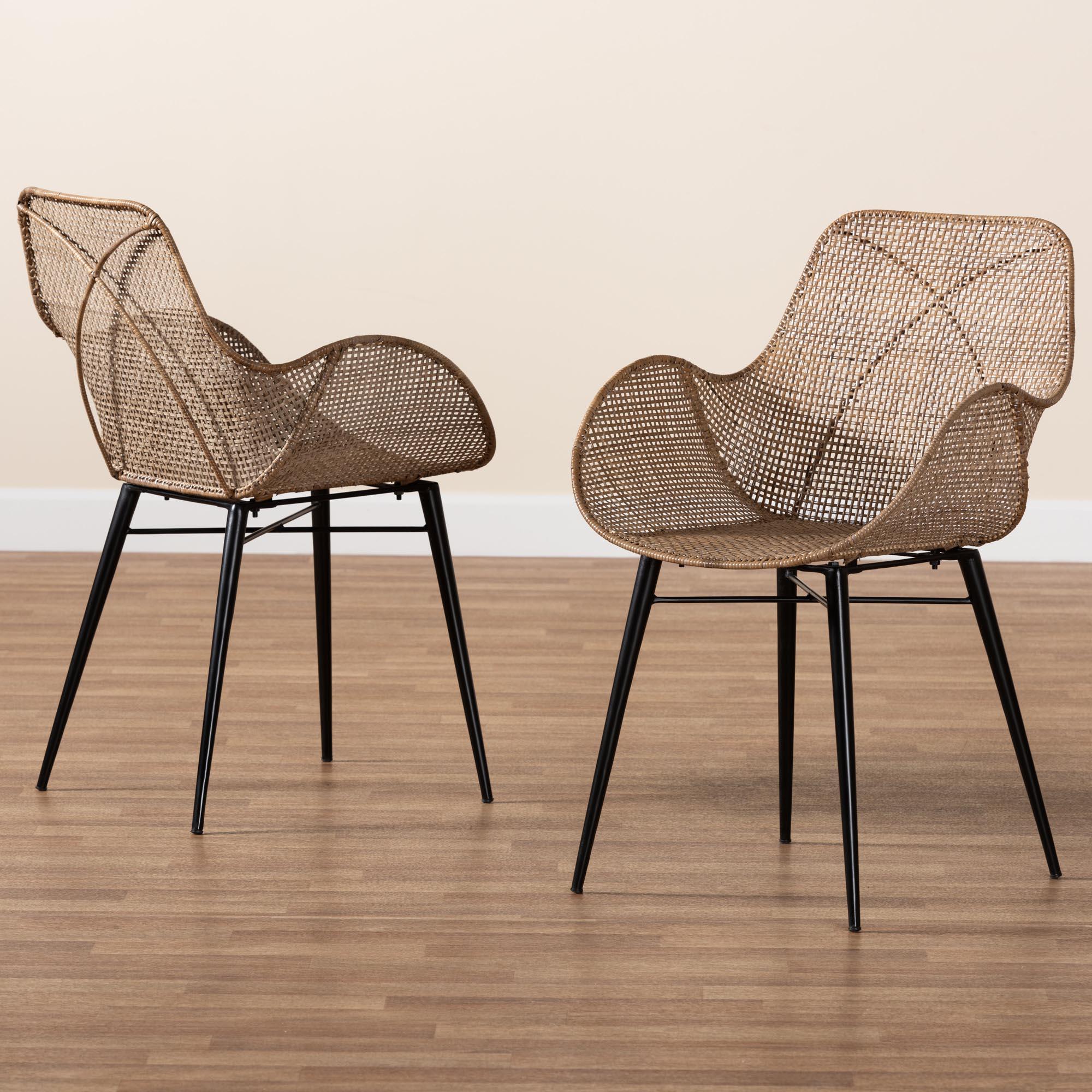 bali & pari Ballerina Modern Bohemian washed Rattan and Metal 2-Piece Dining Chair Set