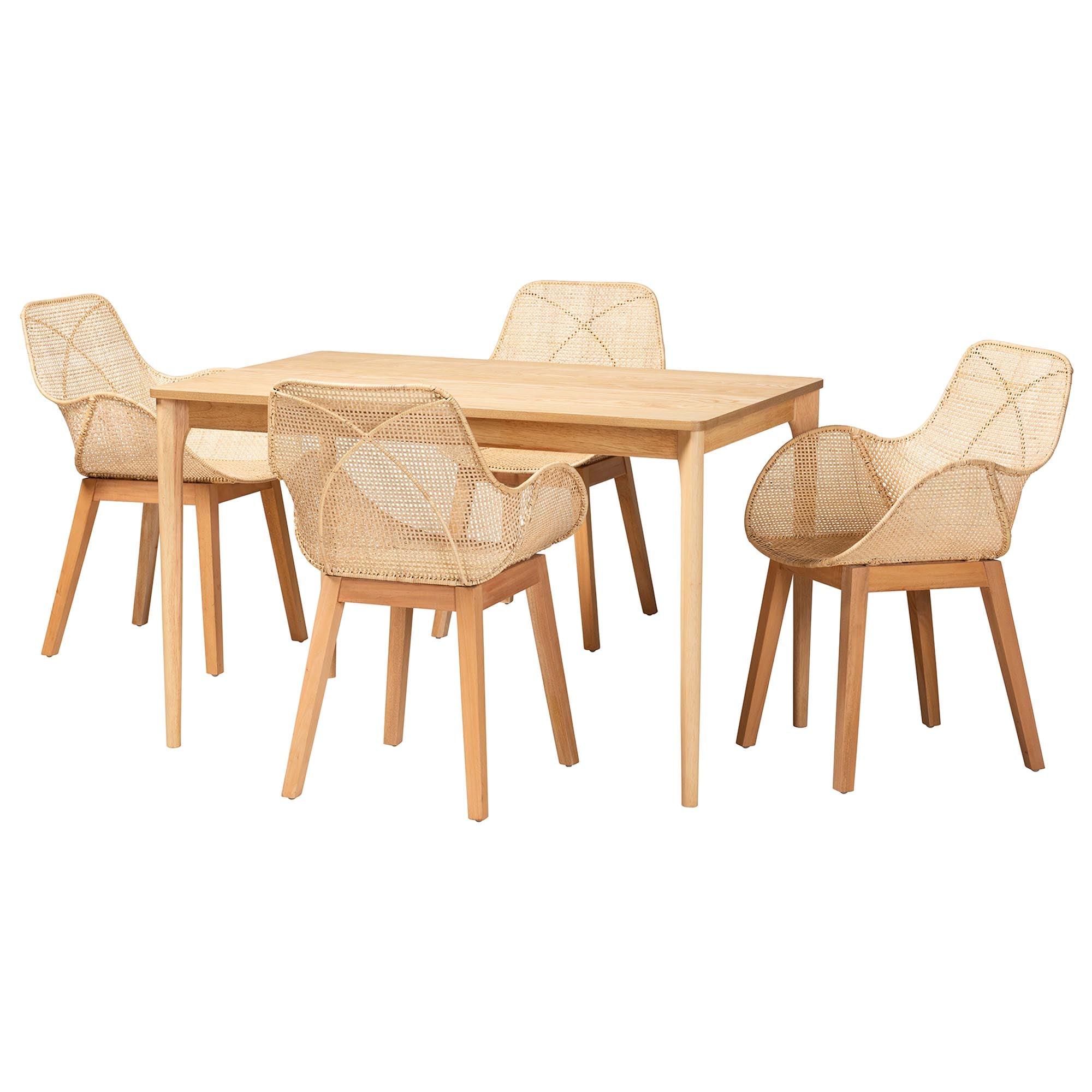 Ballerina Japandi Mahogany Wood and Rattan 5-Piece Dining Set