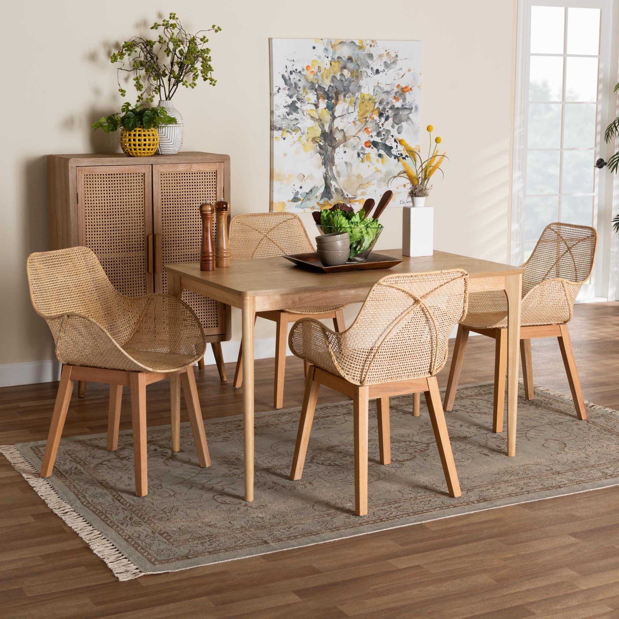 Ballerina Japandi Mahogany Wood and Rattan 5-Piece Dining Set