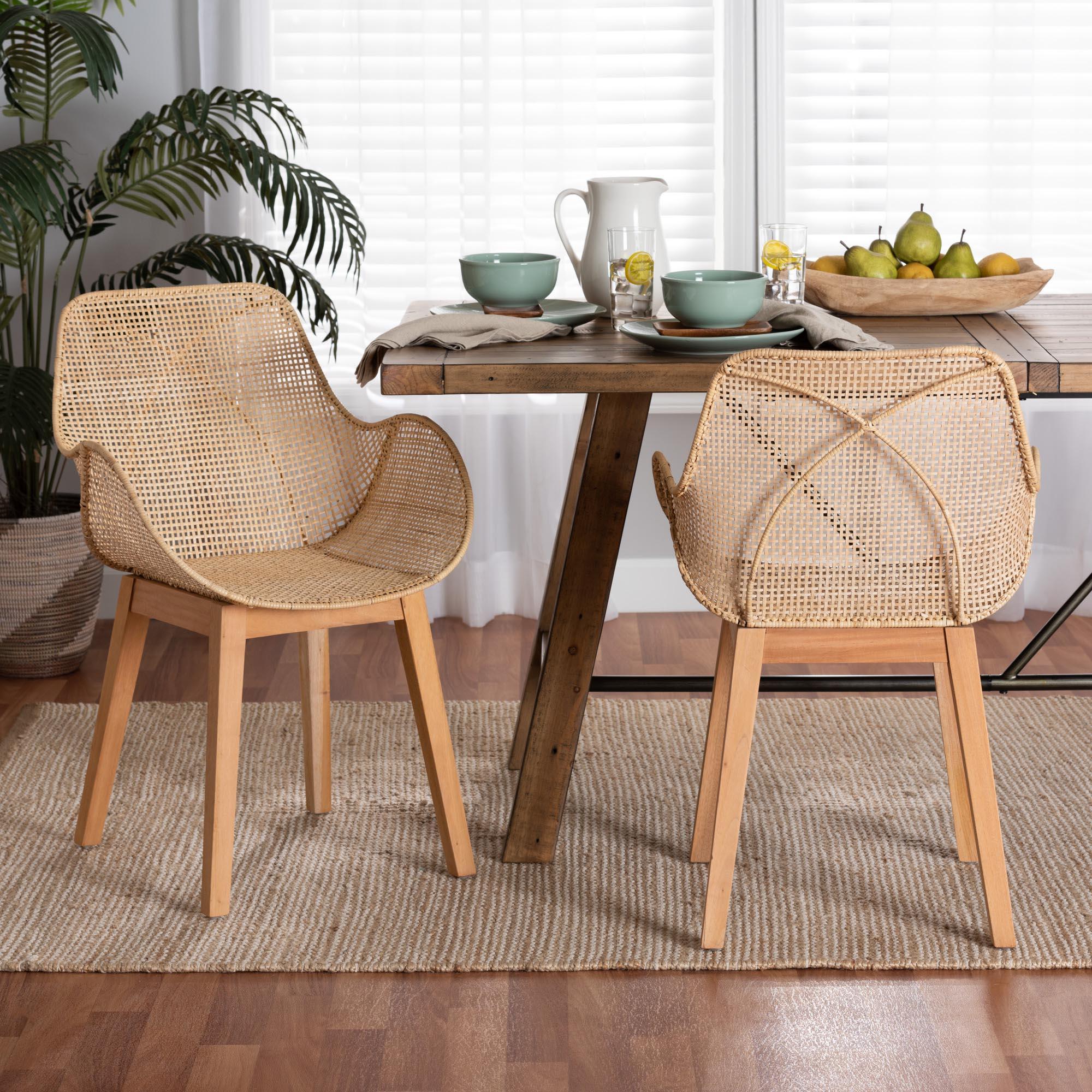 bali & pari Ballerina Japandi Finished Mahogany Wood and Rattan 2-Piece Dining Chair Set